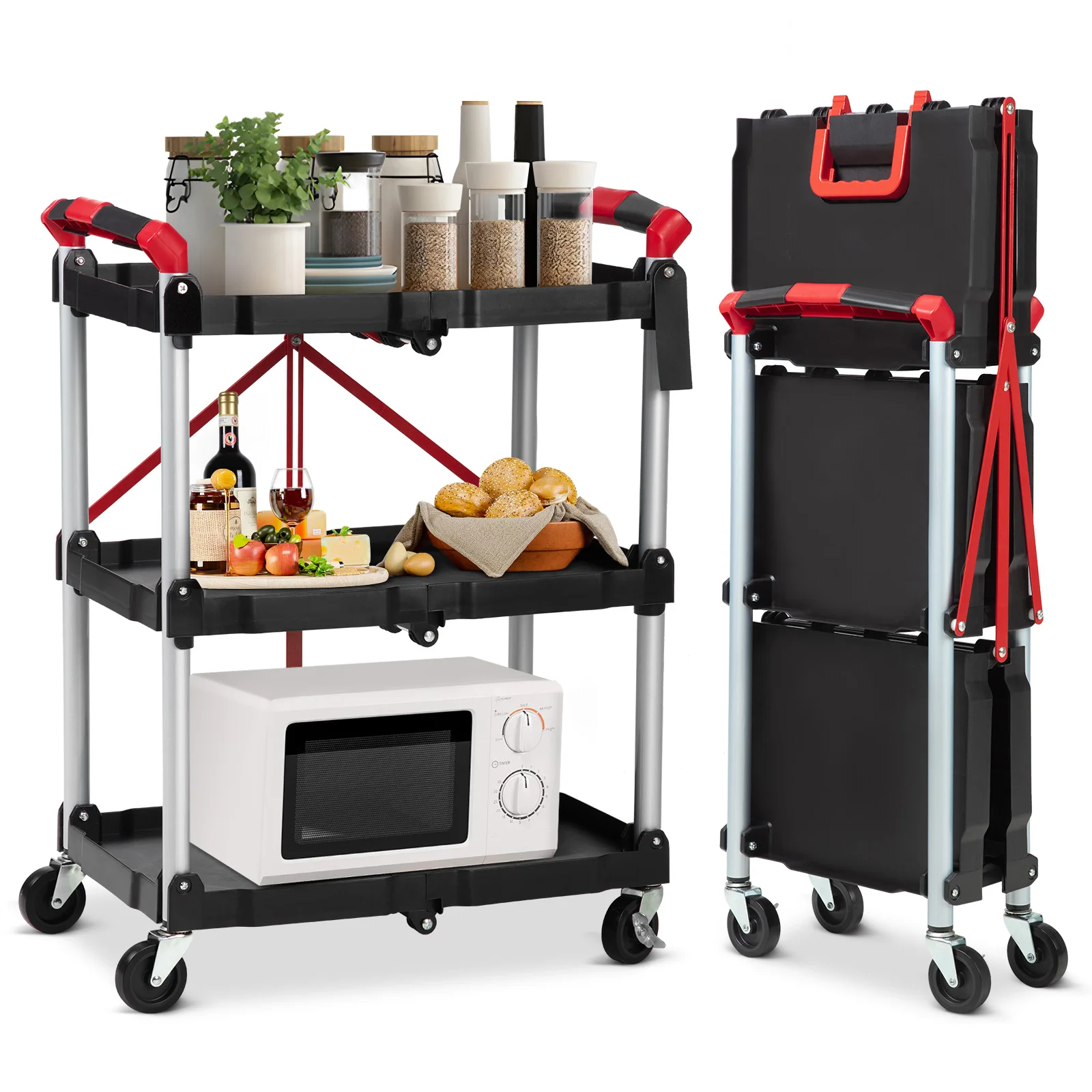 3 Tier Rolling Cart, 167Lbs Foldable Utility Service Cart with Lockable Wheels for Warehouse Garden Office Kitchen