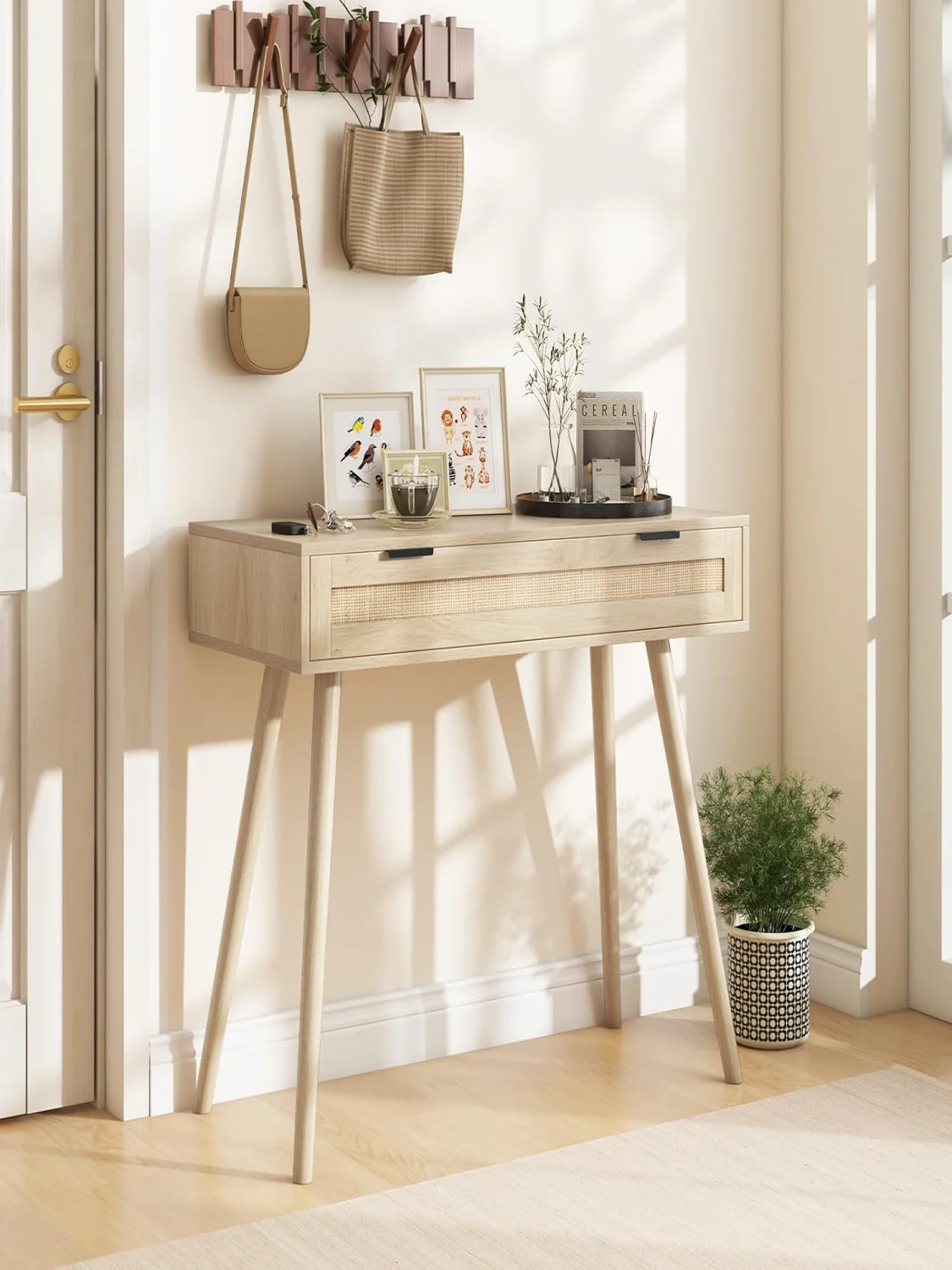 Rattan Console Table, Entrance Table Made of Wood with Drawer, Hallway Table in Boho Style, Side Table for Hallway, Living Room