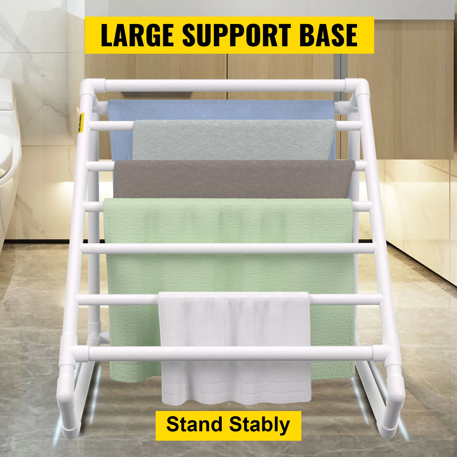 SucceBuy Pool Towel Rack 8 Bar Freestanding Outdoor PVC Triangular Poolside Storage Organizer Include 8 Towel Clips Mesh Bag