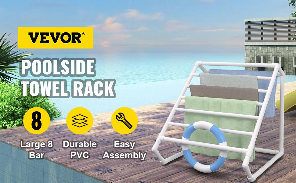 SucceBuy Pool Towel Rack 8 Bar Freestanding Outdoor PVC Triangular Poolside Storage Organizer Include 8 Towel Clips Mesh Bag