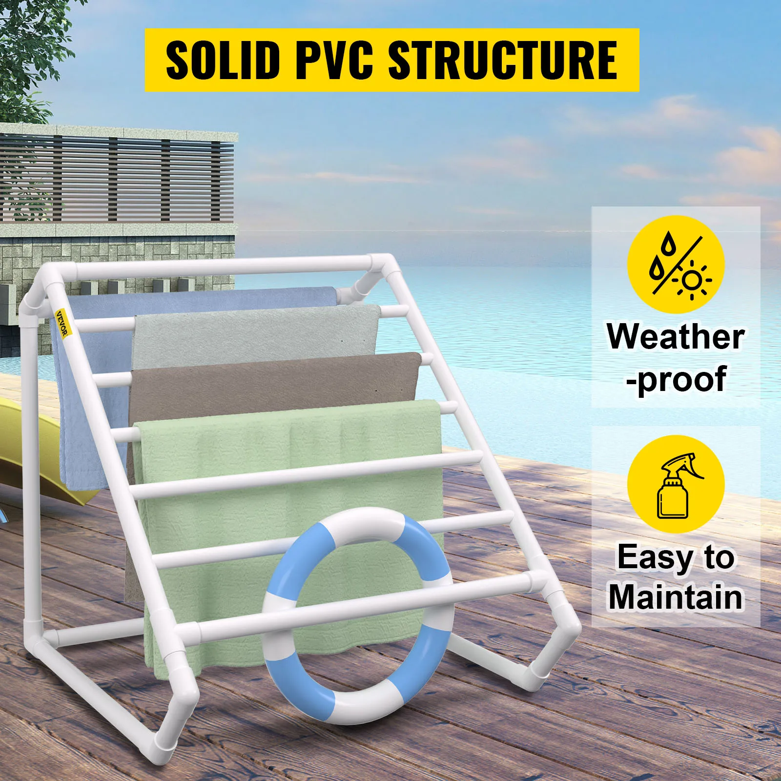SucceBuy Pool Towel Rack 8 Bar Freestanding Outdoor PVC Triangular Poolside Storage Organizer Include 8 Towel Clips Mesh Bag