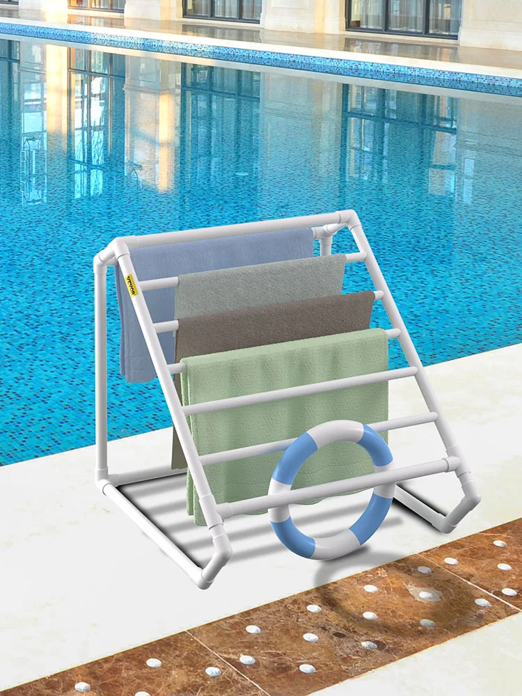 SucceBuy Pool Towel Rack 8 Bar Freestanding Outdoor PVC Triangular Poolside Storage Organizer Include 8 Towel Clips Mesh Bag