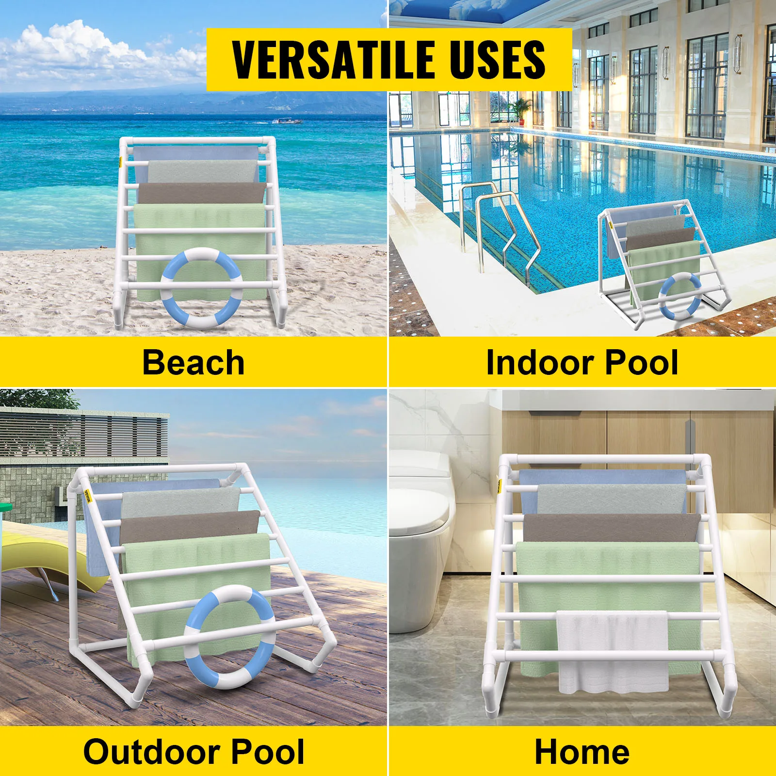 SucceBuy Pool Towel Rack 8 Bar Freestanding Outdoor PVC Triangular Poolside Storage Organizer Include 8 Towel Clips Mesh Bag