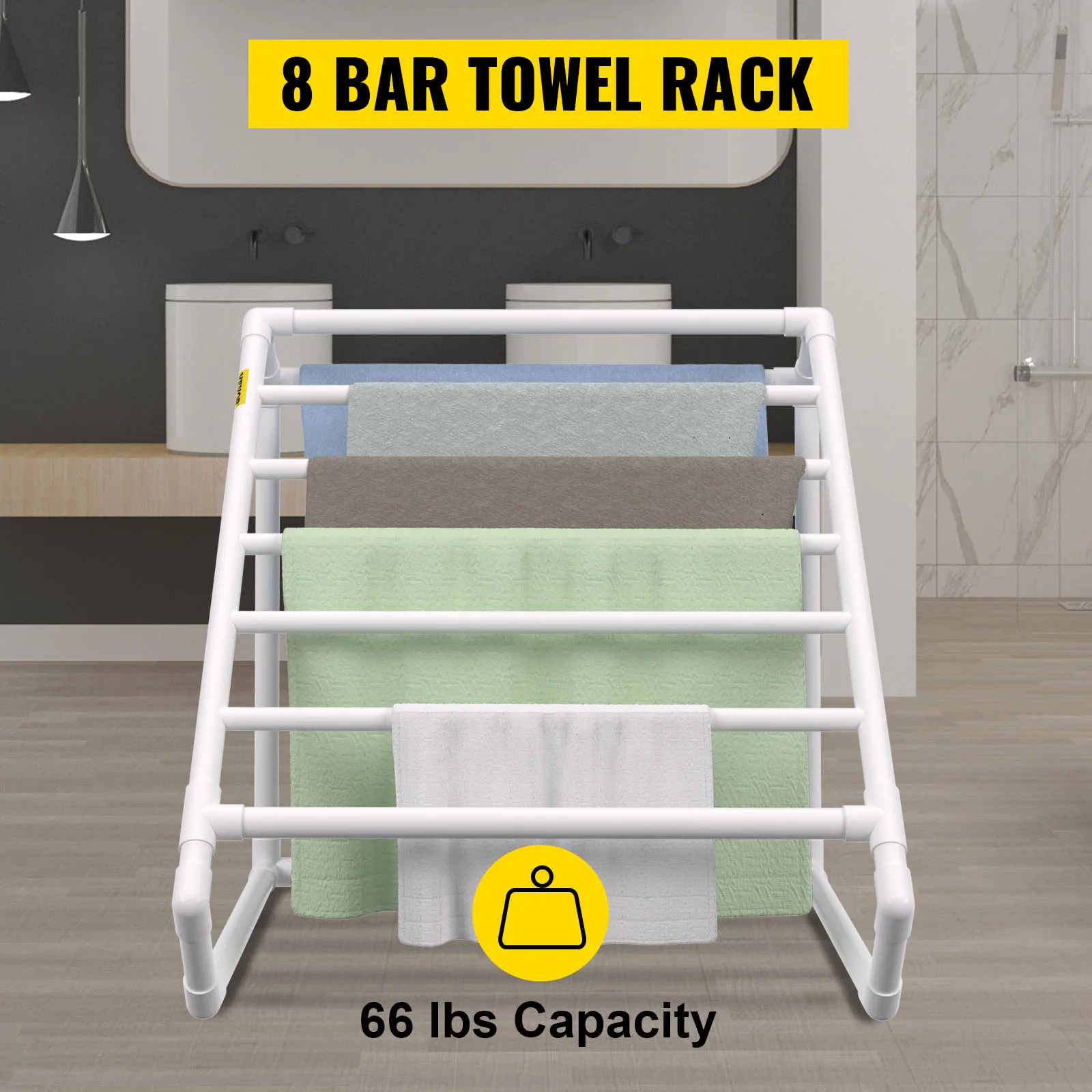 SucceBuy Pool Towel Rack 8 Bar Freestanding Outdoor PVC Triangular Poolside Storage Organizer Include 8 Towel Clips Mesh Bag