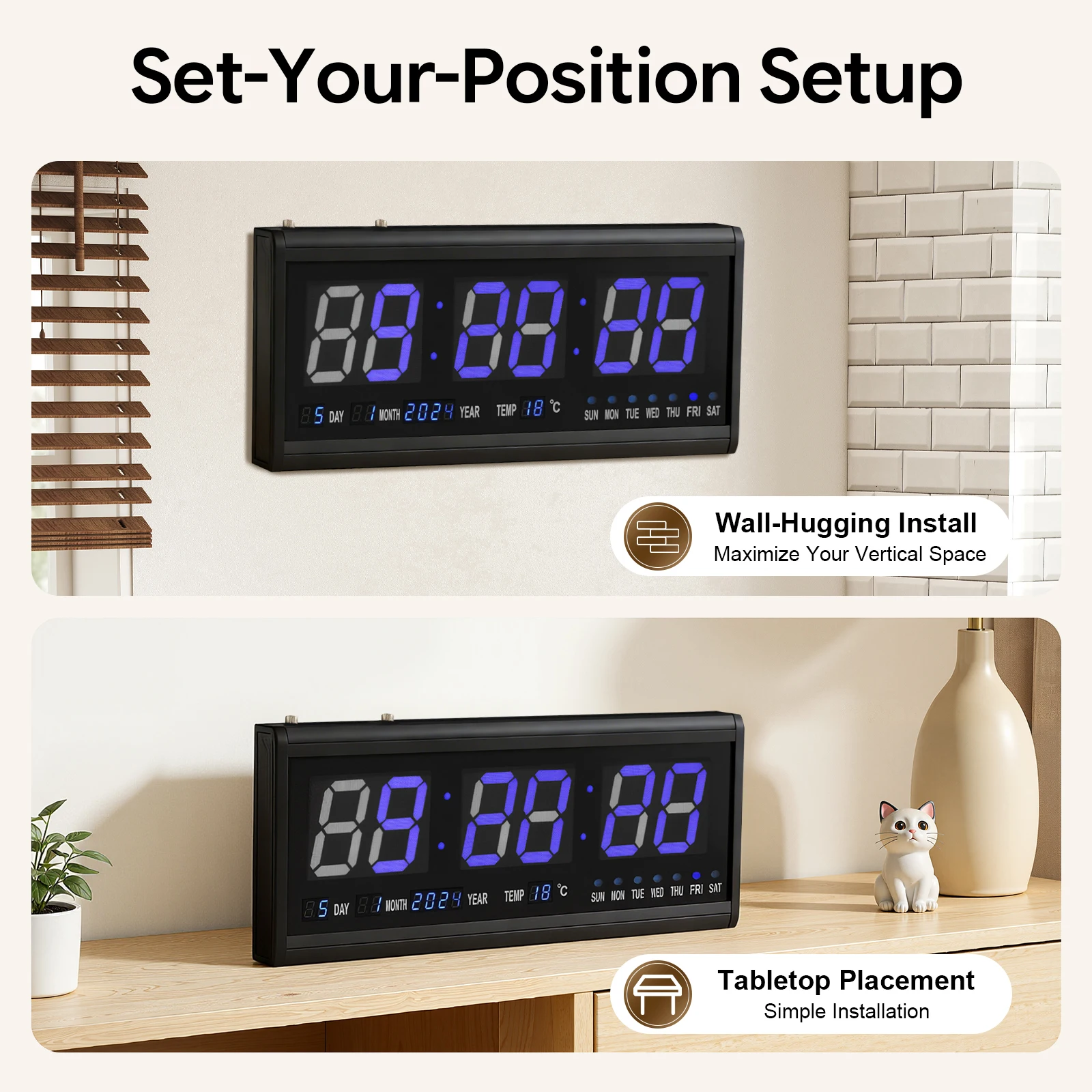 Large Digital Wall Clock,12/24H Time Temp Date Week Display Electronic LED Clock,Auto Dimmer Luminous Silent Table Clock 48*19cm