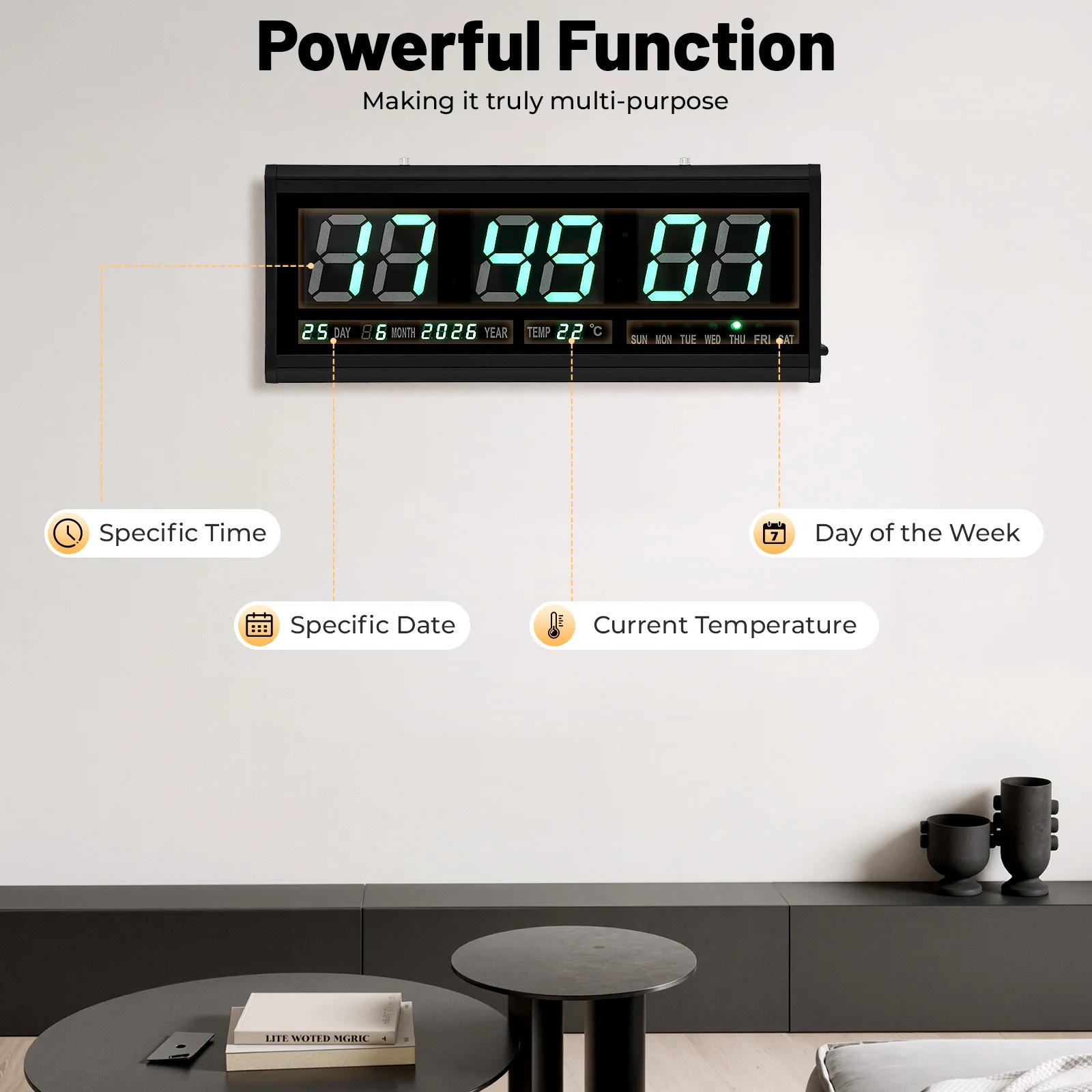 Large Digital Wall Clock,12/24H Time Temp Date Week Display Electronic LED Clock,Auto Dimmer Luminous Silent Table Clock 48*19cm