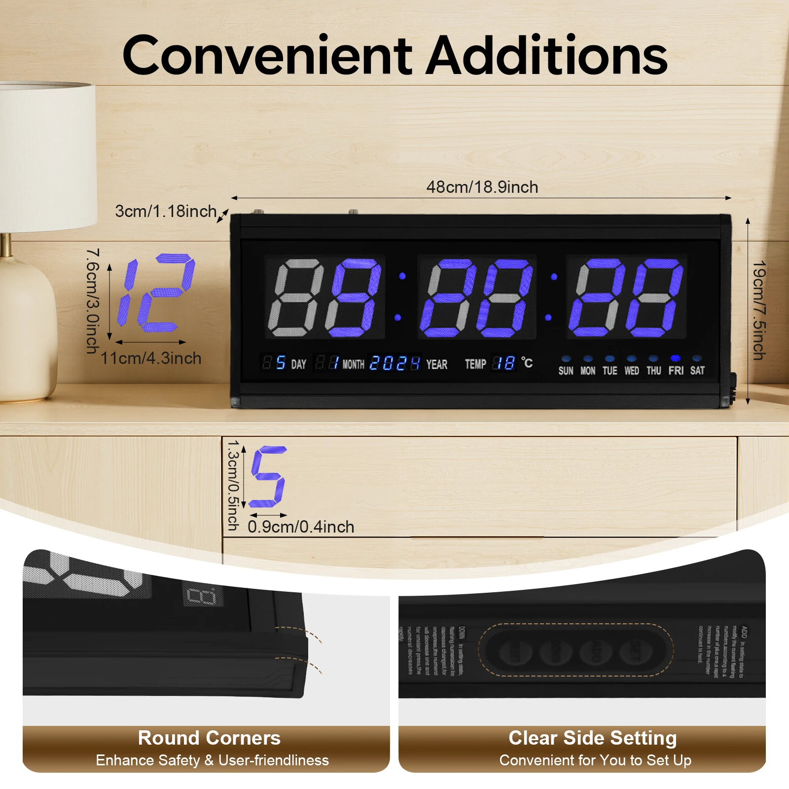 Large Digital Wall Clock,12/24H Time Temp Date Week Display Electronic LED Clock,Auto Dimmer Luminous Silent Table Clock 48*19cm