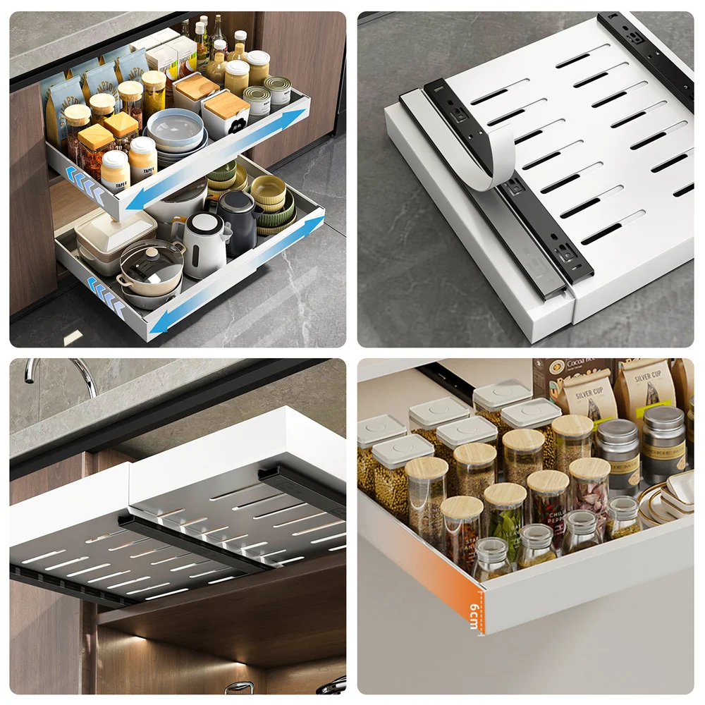 Non-Perforated Retractable Storage Rack Adjustable Pull-Out Shelves Sink Storage Drawer Rack Sliding Out Cabinets Organizer