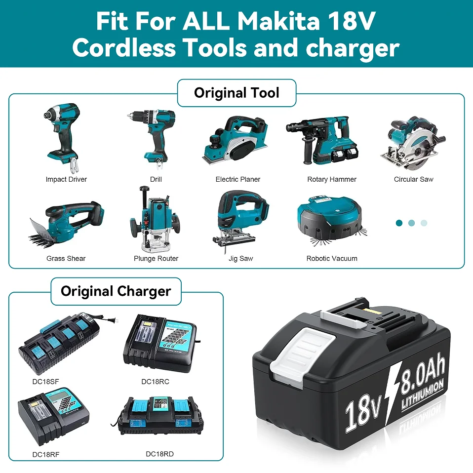For Makita 18V Battery 7ah 8ah Lithium Battery Compatible For Makita BL1830 BL150B BL1860B Battery Hammer Drill Power Tools