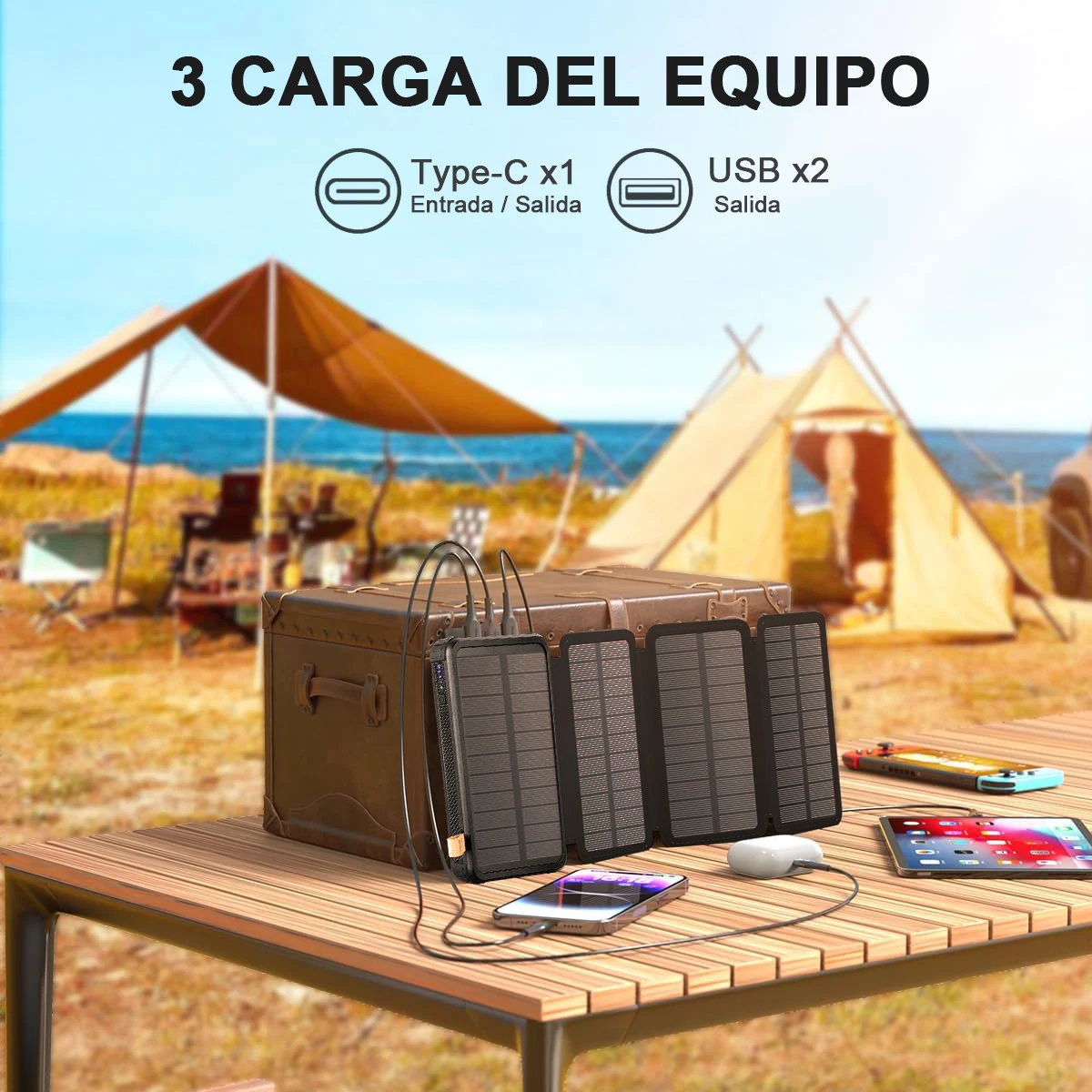 Waterproof Solar Power Bank with Folding Solar Panels, 5V 2A USB Output, Portable Outdoor Camping Sun Power for Phones, Real Cap