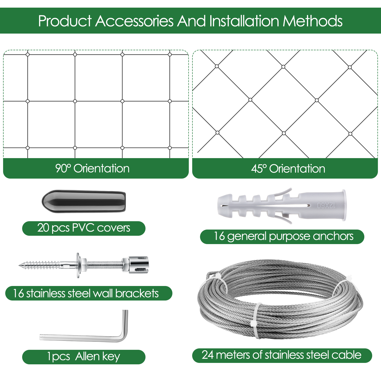 Climbing plant support, 16m stainless steel rope suspension kit, with 3mm stainless steel cable and 12 tensioners(16m)