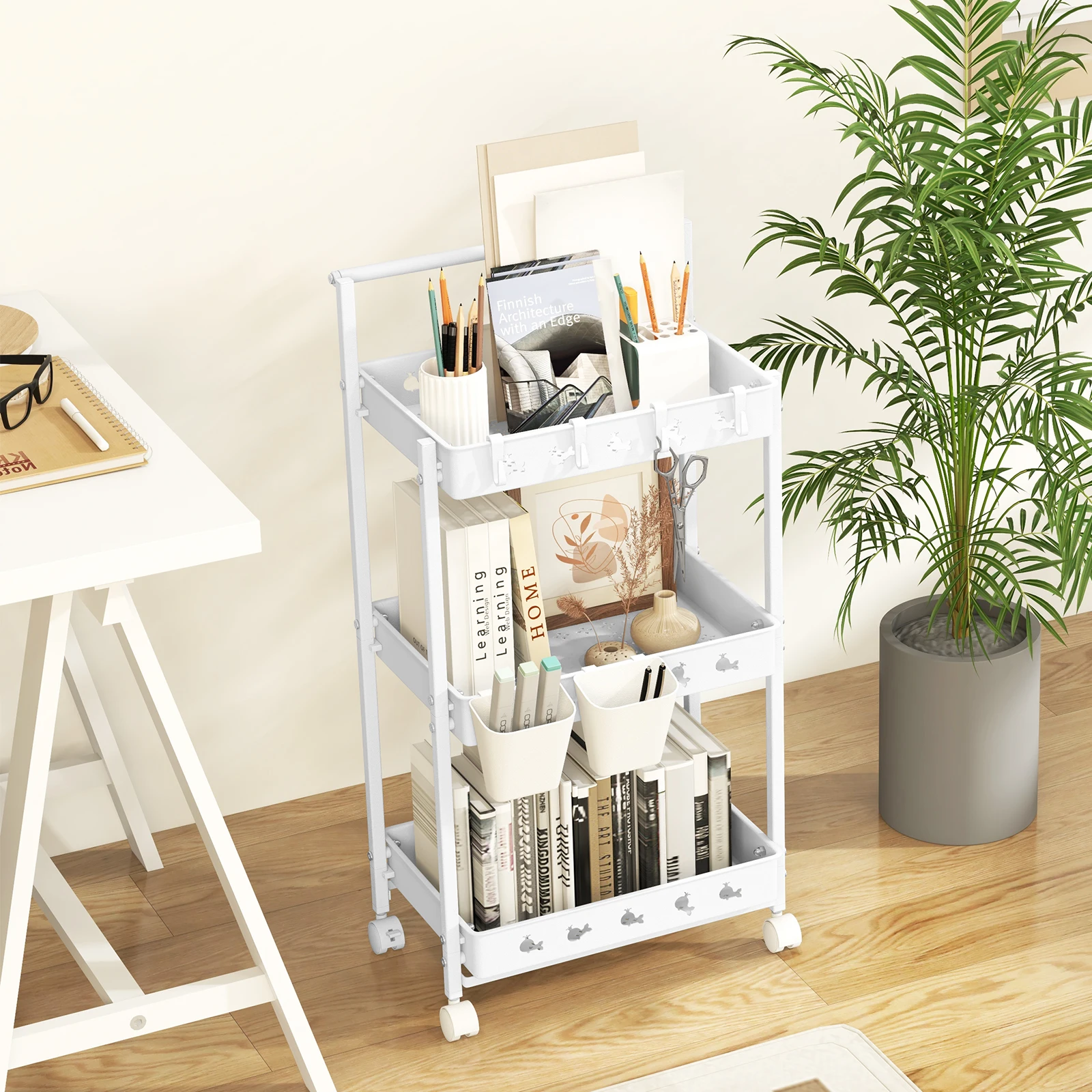 3-level trolley, serving trolley with wheels, kitchen trolley with 2 hanging cups & 4 hooks & handle, multi-purpose trolley for kitchen