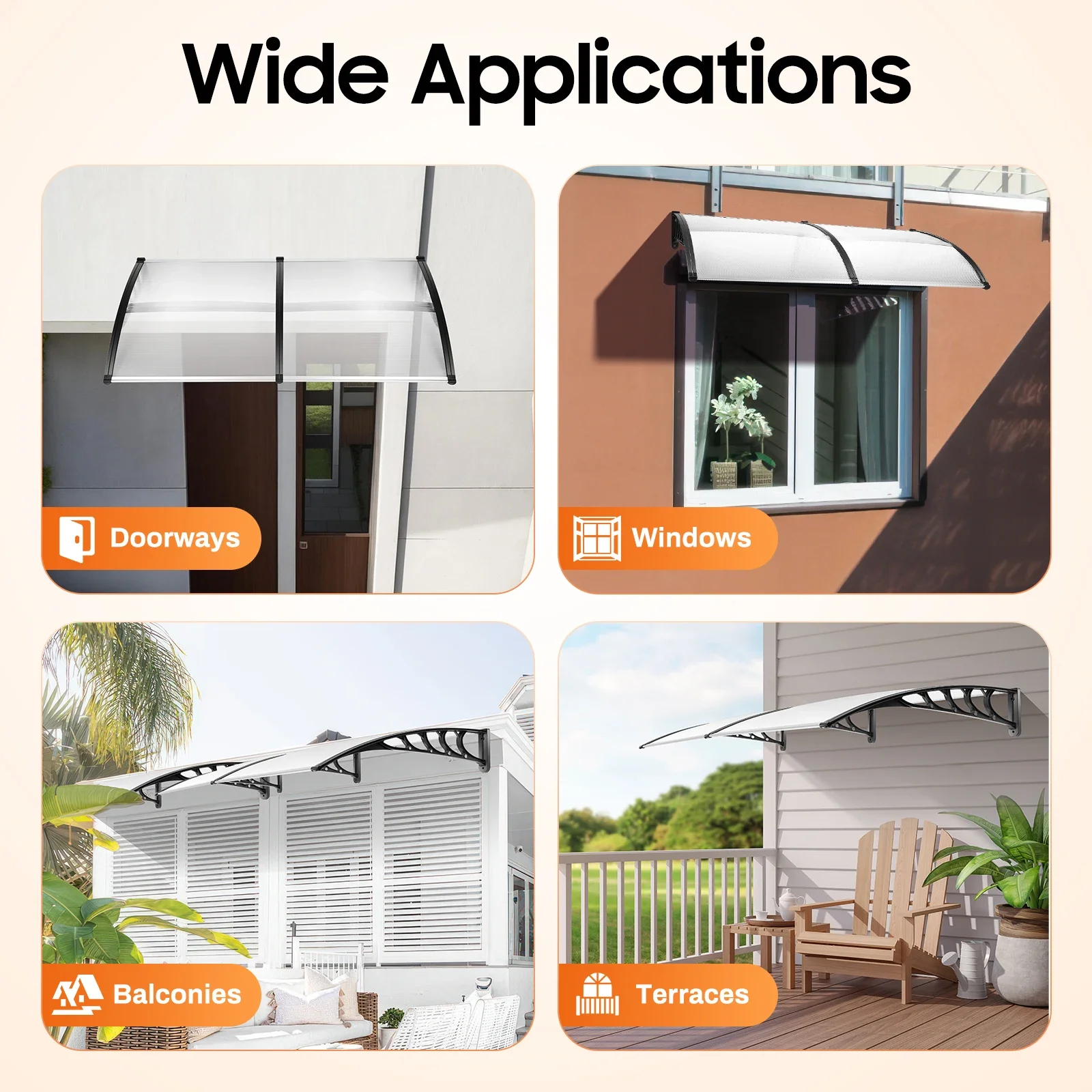 Door Canopy Awning Shelter, Rain Cover 200x93cm With Polypropylene Frame Transparent & Hollow Design