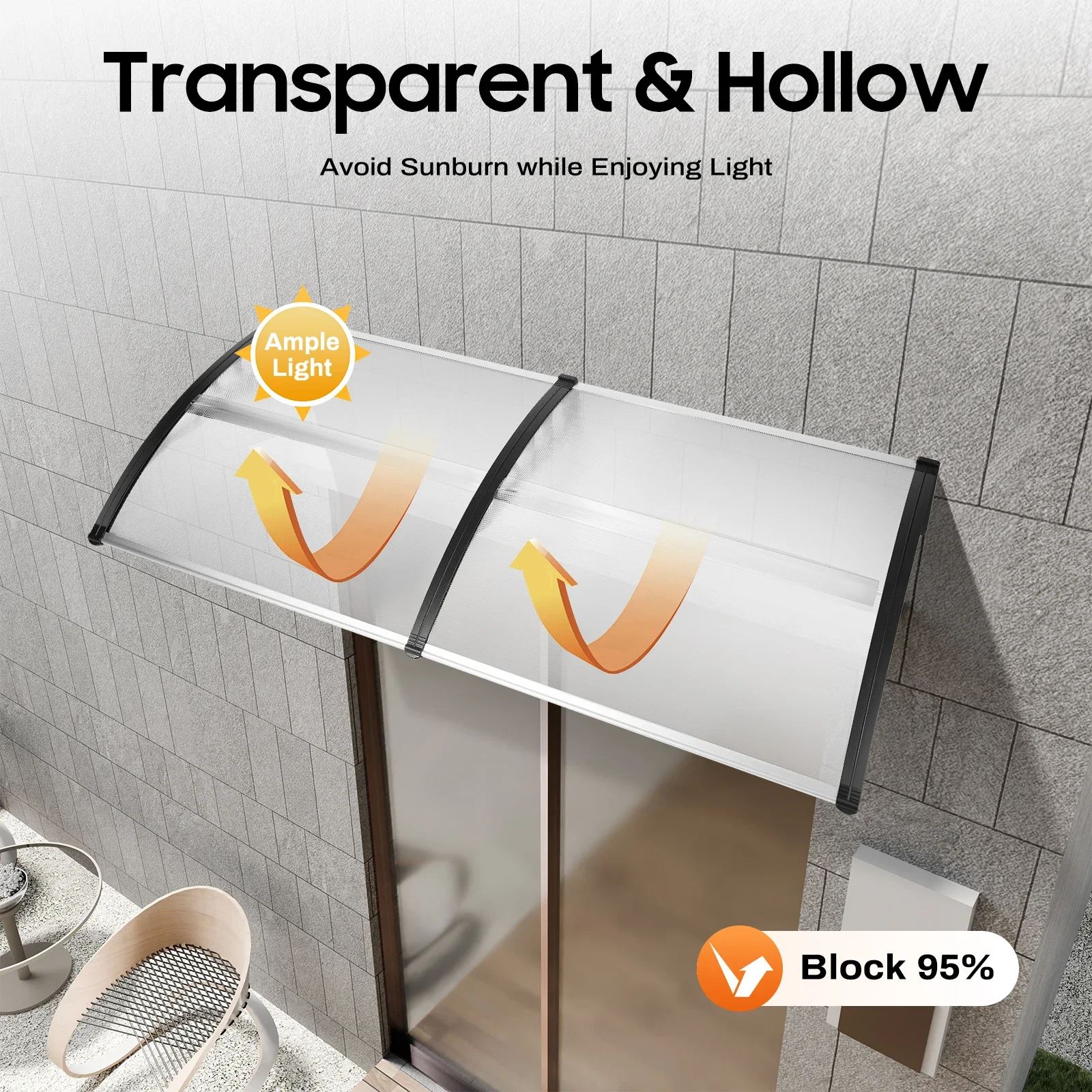 Door Canopy Awning Shelter, Rain Cover 200x93cm With Polypropylene Frame Transparent & Hollow Design