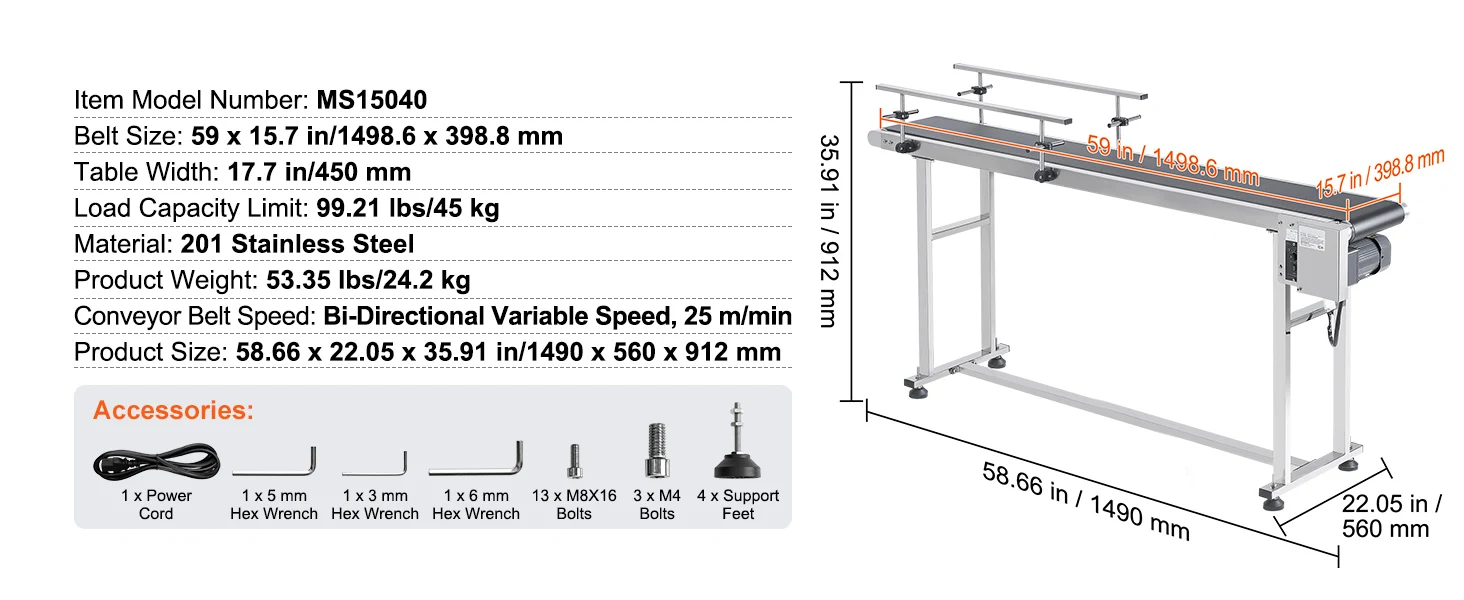 SucceBuy PVC Belt Conveyor Table Double Guardrail Stainless Steel Motorized Adjustable Speed for Factory Inkjet Coding Powered