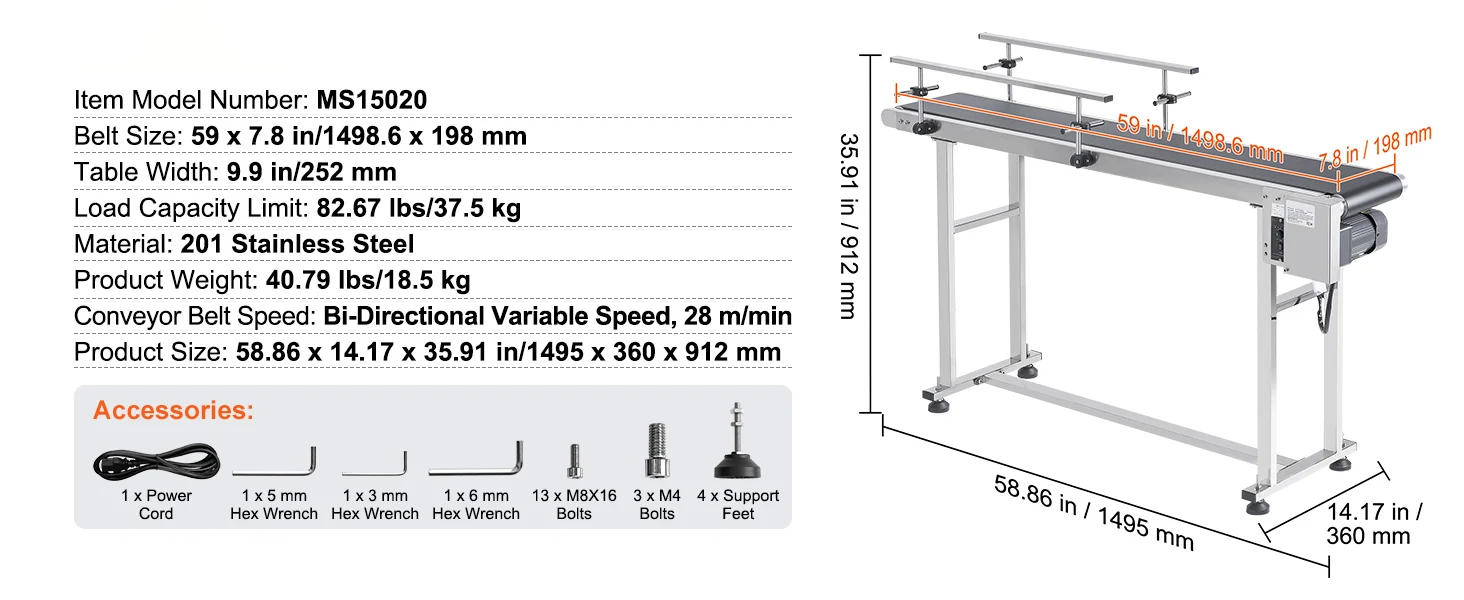 SucceBuy PVC Belt Conveyor Table Double Guardrail Stainless Steel Motorized Adjustable Speed for Factory Inkjet Coding Powered