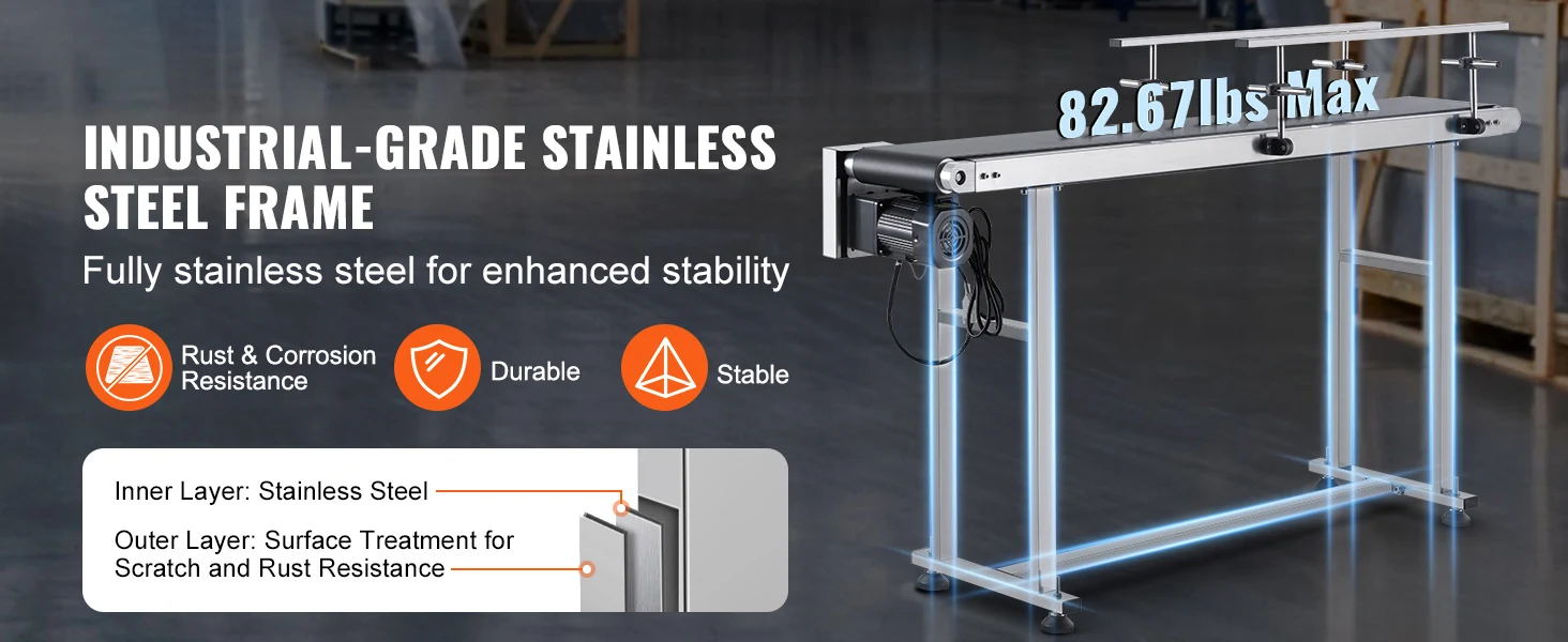 SucceBuy PVC Belt Conveyor Table Double Guardrail Stainless Steel Motorized Adjustable Speed for Factory Inkjet Coding Powered