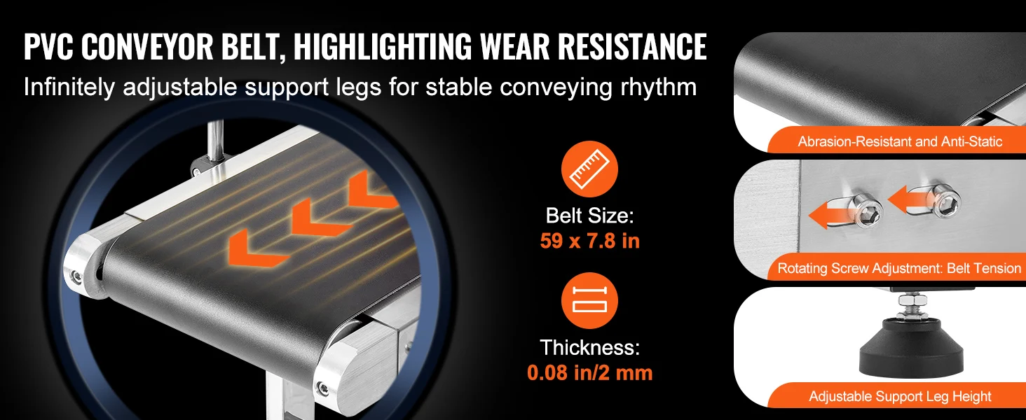 SucceBuy PVC Belt Conveyor Table Double Guardrail Stainless Steel Motorized Adjustable Speed for Factory Inkjet Coding Powered