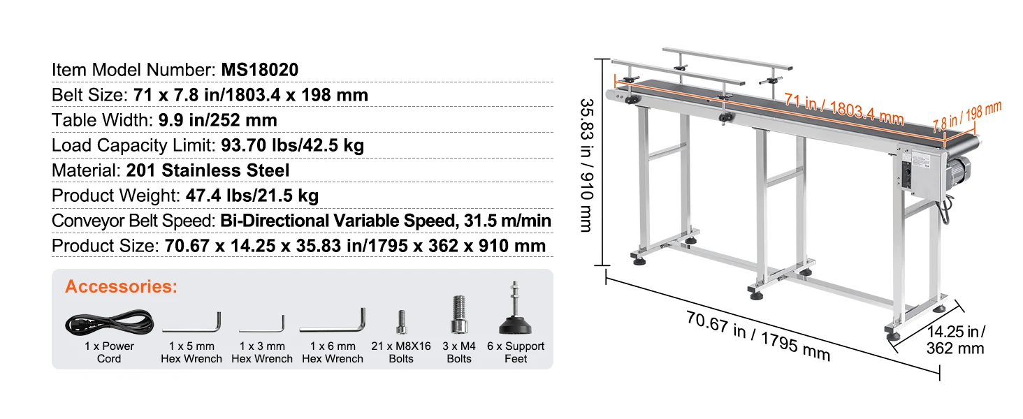 SucceBuy PVC Belt Conveyor Table Double Guardrail Stainless Steel Motorized Adjustable Speed for Factory Inkjet Coding Powered