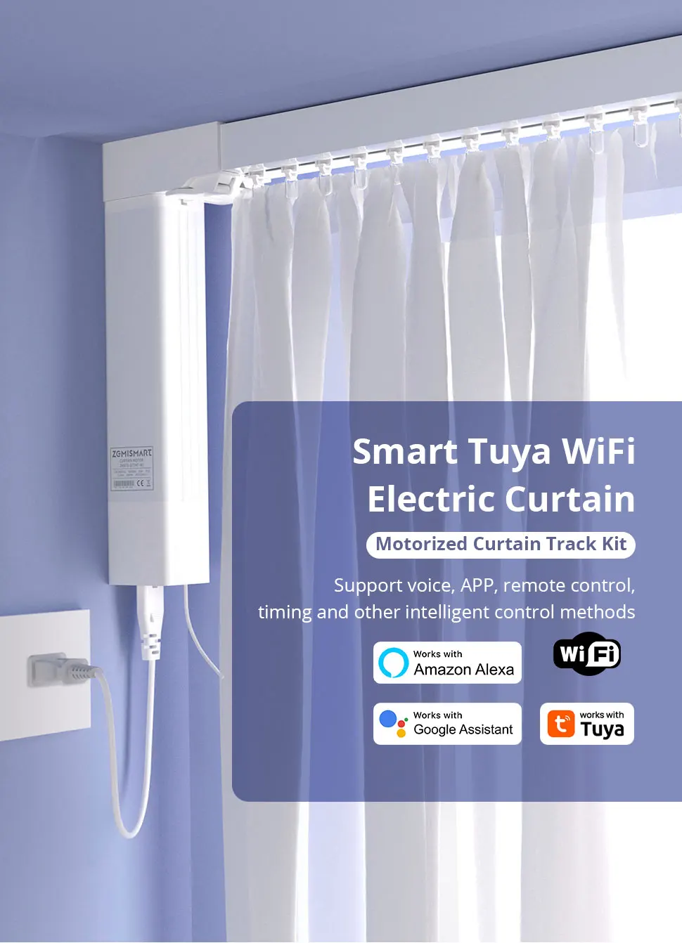 Zemismart WiFi Electric Curtain Motor with Custom Tracks Work with Smart Life App Alexa Google Home Siri Voice Control