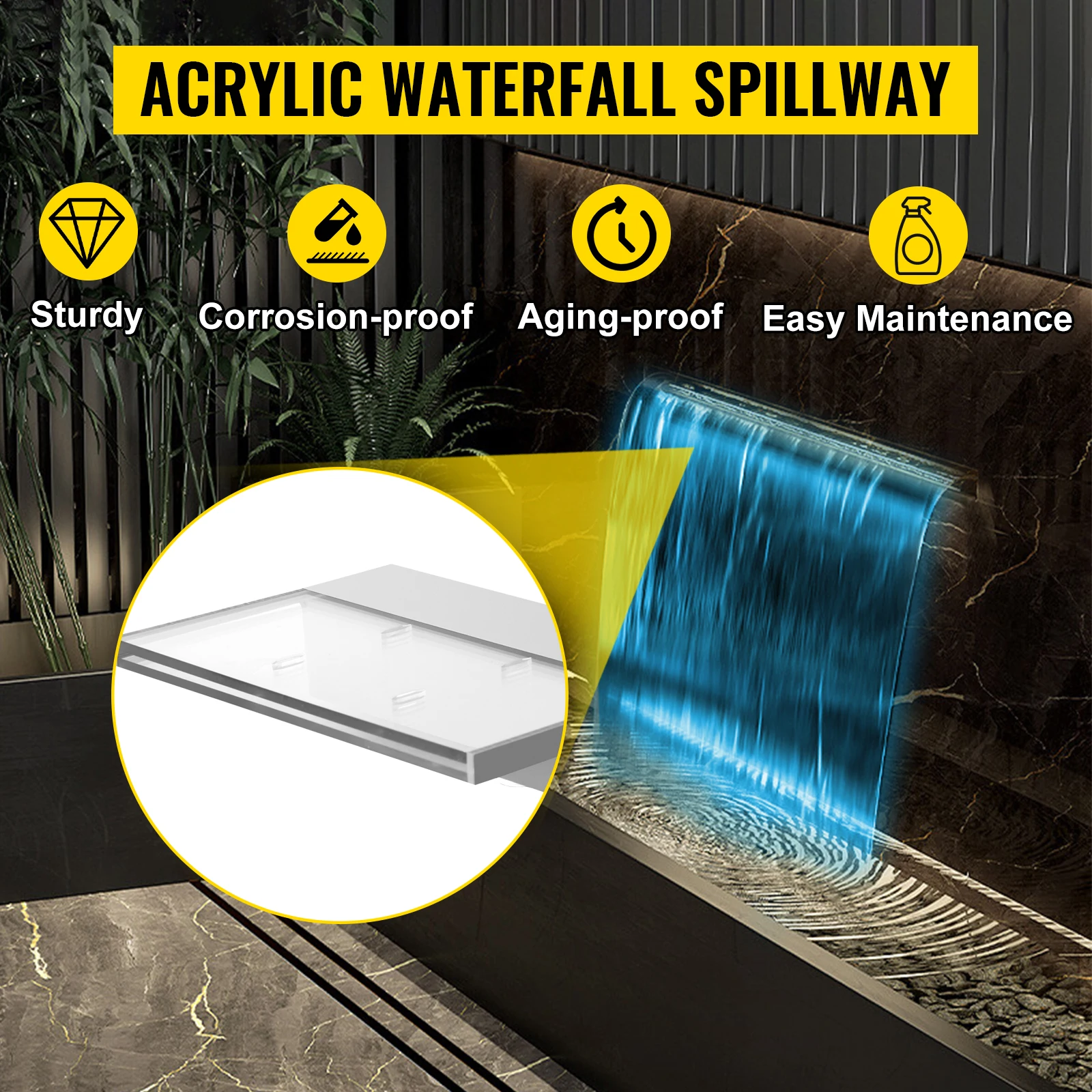 SucceBuy 30-90CM Pool Fountain Waterfall W/ LED Light Water Pipe Acrylic Fountain Pond Garden Swimming Pool Water Fountain Decor