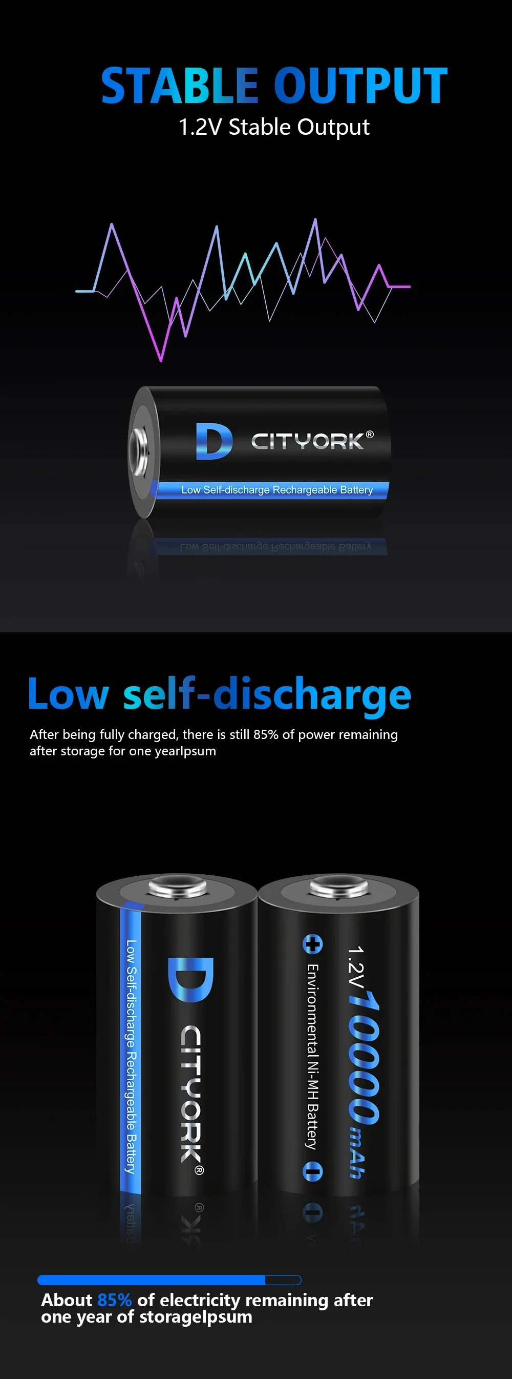 CITYORK 1.2V D Battery 10000 mAh LR20 R20 NIMH + LCD Smart Charger for AA AAA C D 9V Batteries