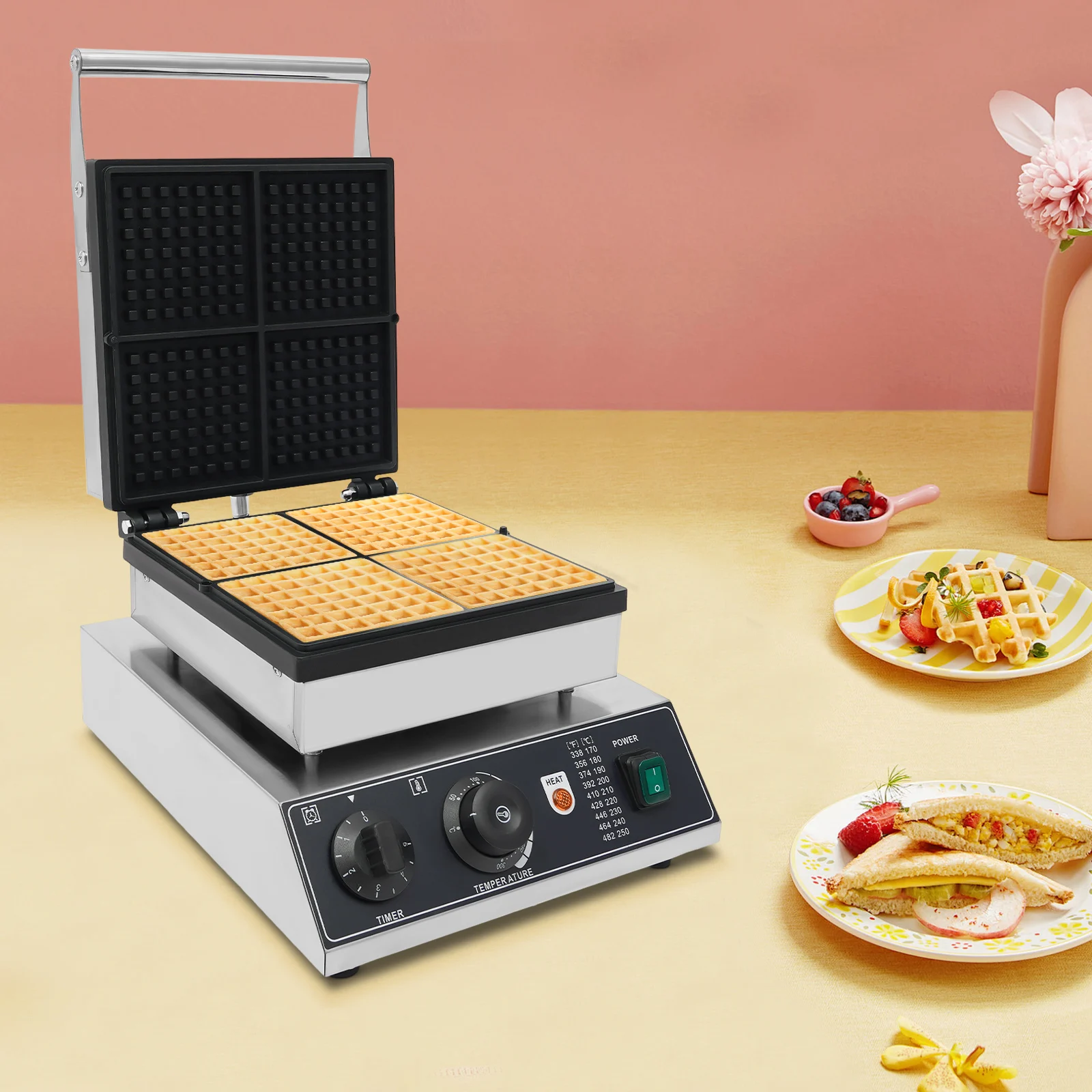 Commercial Waffle Maker, Non Stick Waffle Baker Machine With 122-572℉ Temp Range and Time Control, for Cafeterias, Bakeries