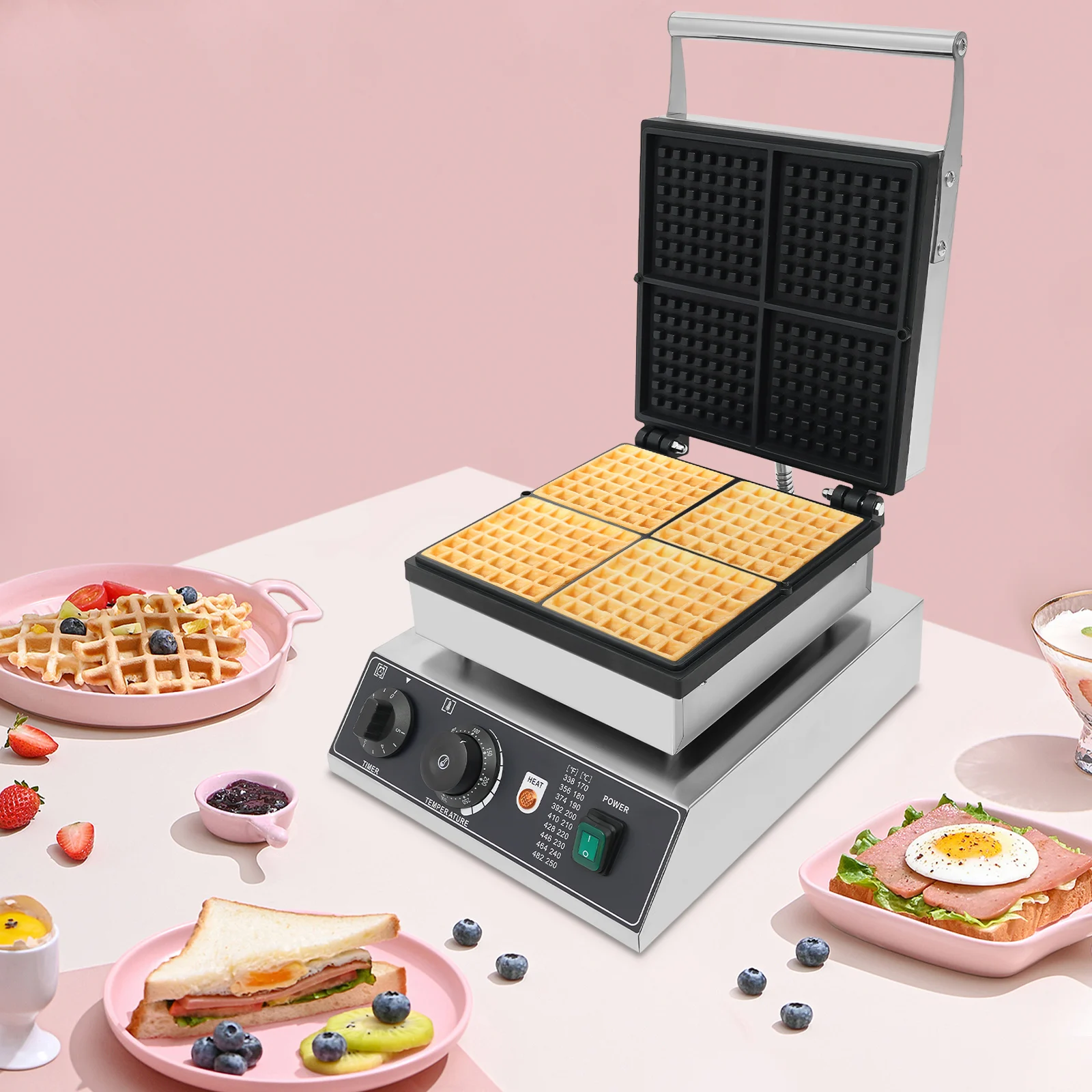 Commercial Waffle Maker, Non Stick Waffle Baker Machine With 122-572℉ Temp Range and Time Control, for Cafeterias, Bakeries