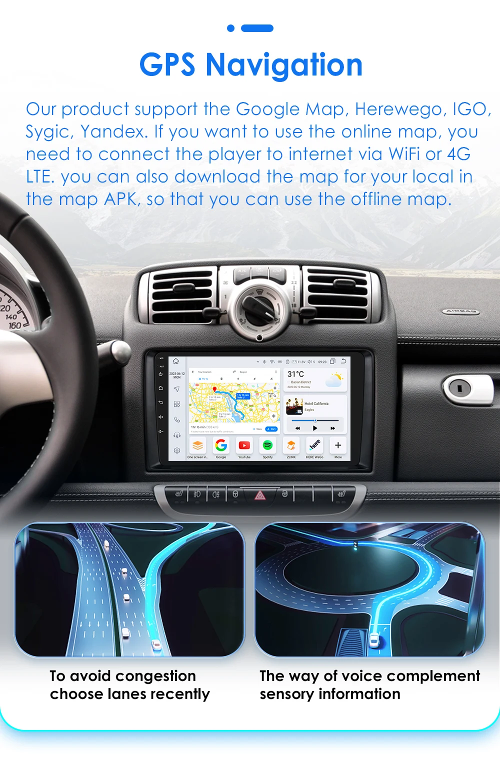 Hizpo 2Din 9inch Android13 Car Radio for Smart Fortwo 451 2005 - 2010 UI7862 Multimedia GPS Navi DSP RDS 4G BT CarPlay SWC