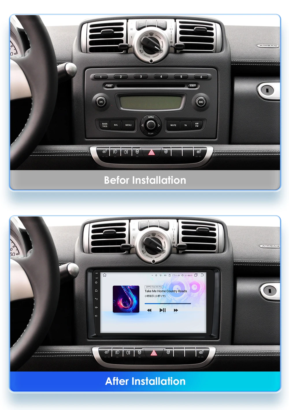Hizpo 2Din 9inch Android13 Car Radio for Smart Fortwo 451 2005 - 2010 UI7862 Multimedia GPS Navi DSP RDS 4G BT CarPlay SWC