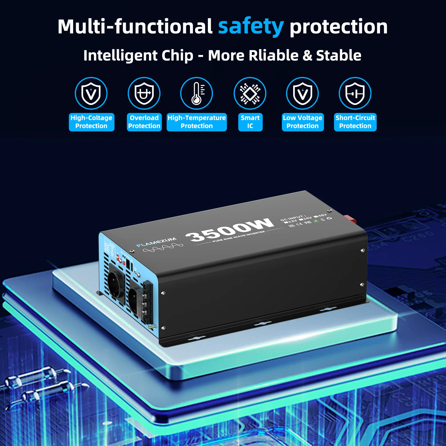 3500W Continuous Power Pure Sine Wave Inverter Peak Power 7000W DC 12V to AC 230V 50HZ EU Socket LCD Car Voltmeter Converter