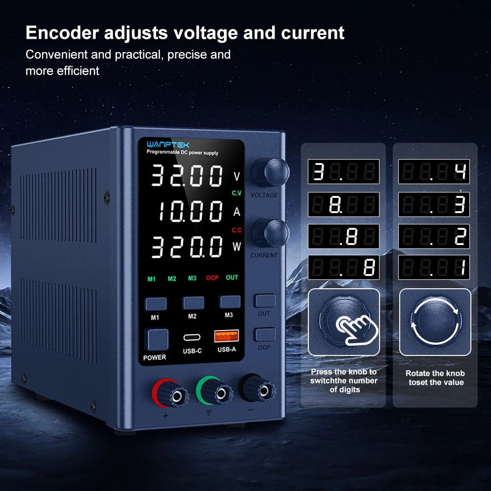 Wanptek 30V 10A DC Power Supply 30V 5A 60V 5A 120V 3A Adjustable Voltage Current with USB-A/Type-c Laboratory Power Supply