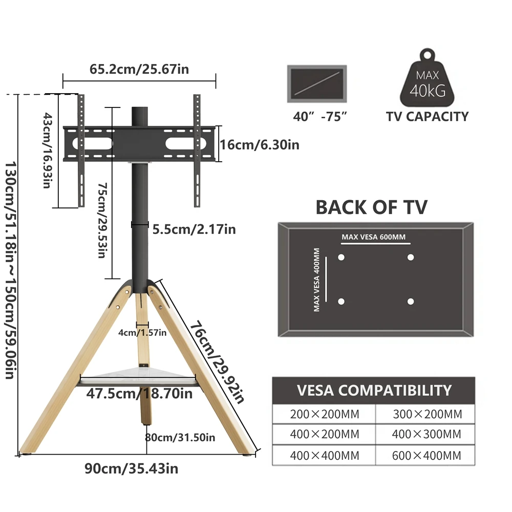 Height Adjustable Swivel Corner Floor TV Stand Universal for 40-75 Inches Max Load 40kg