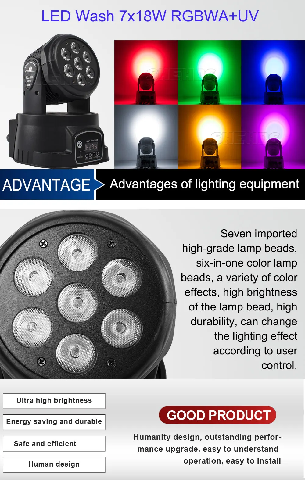 SHEHDS 2pcs LED Wash RGBWA UV 6in1 7x18W Moving Head Light Projector Perfect For DJ Disco Party Nightclub Christmas Audience