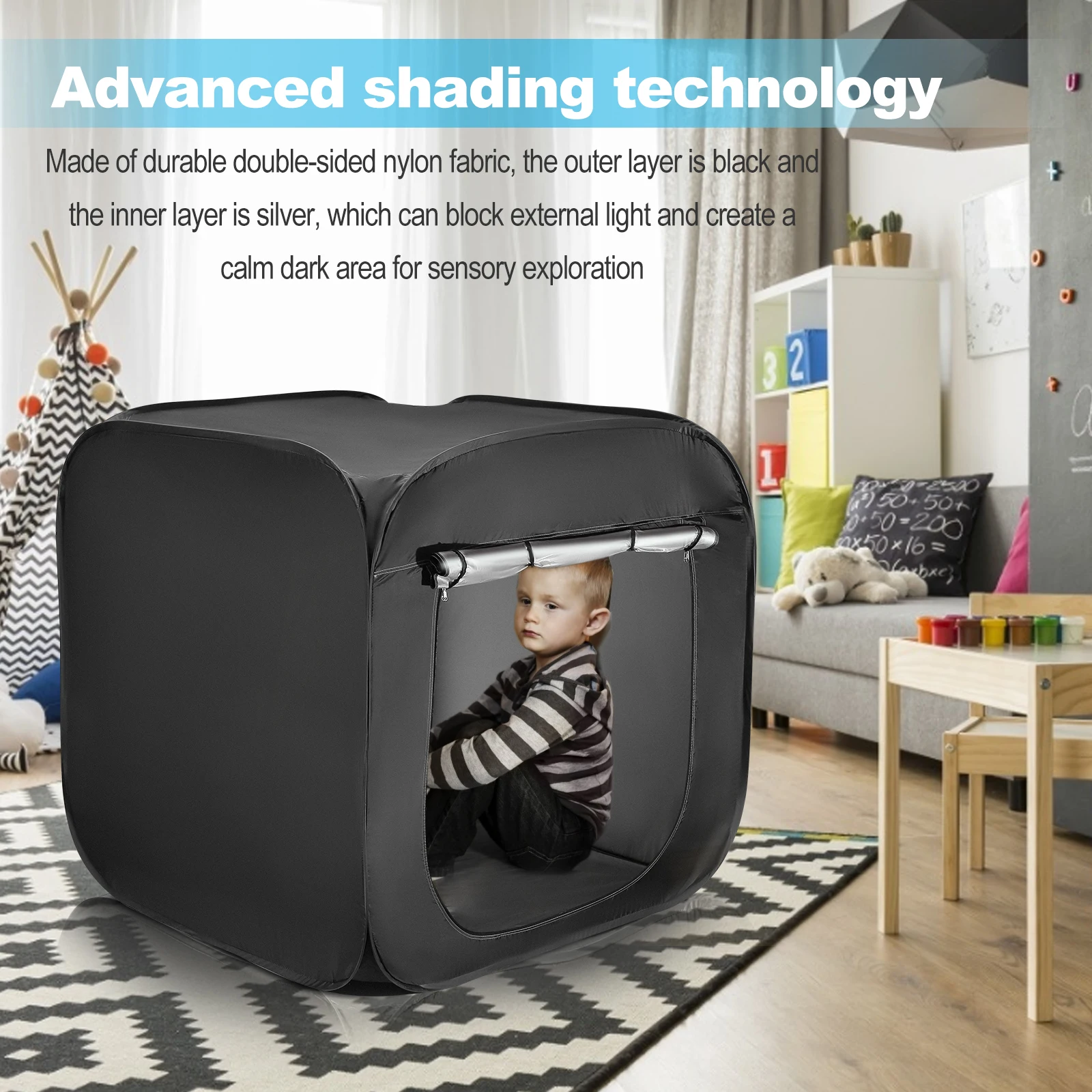 Sensory Tent for Kids 117x115cm, Pop-up Sensory Blackout Play Tent for for Children with Autism, ASD & ADHD with Advanced Silver Inner Lining with Carry Bag, DE Stock