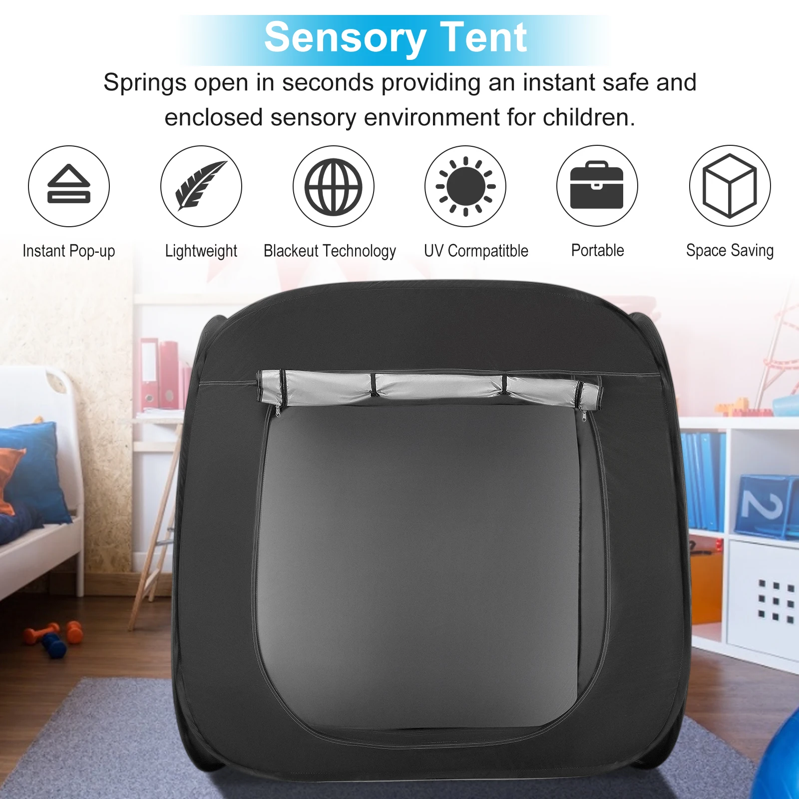 Sensory Tent for Kids 117x115cm, Pop-up Sensory Blackout Play Tent for for Children with Autism, ASD & ADHD with Advanced Silver Inner Lining with Carry Bag, DE Stock