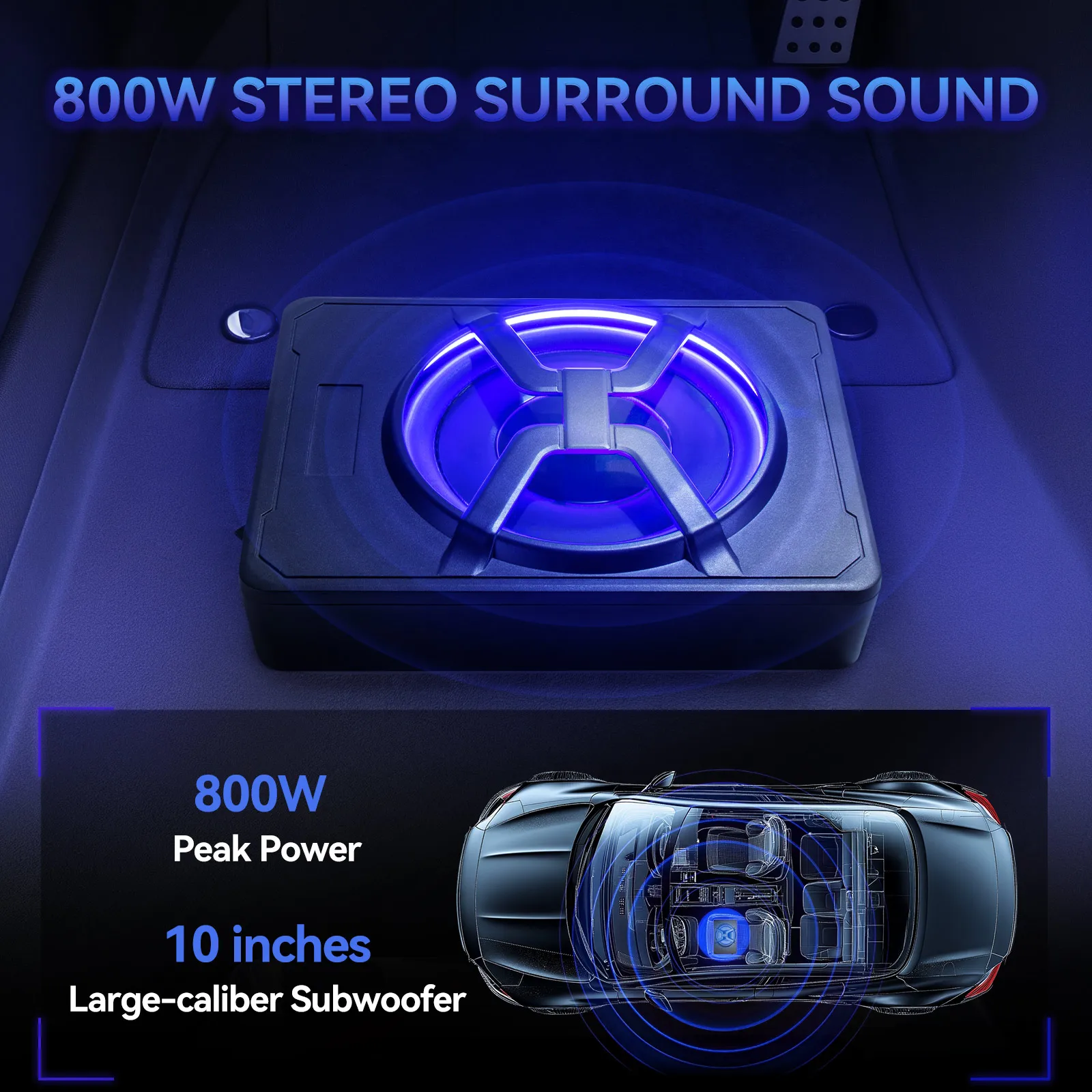 10 Inch Slim Car Subwoofer Amplifier Under-Seat High Power 800W Built-in Amplifier With Blue Light Installed Car Speaker