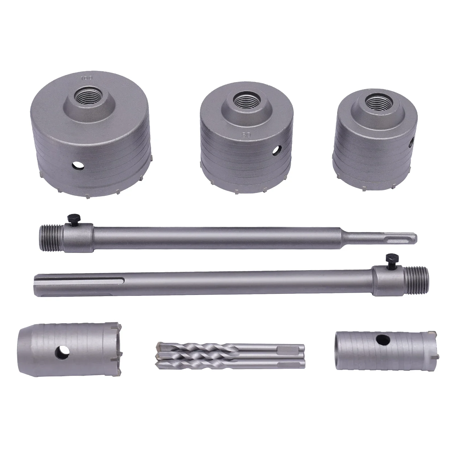 9Pcs Hole Bit + SDS Plus/Max Shank for Concrete Cement Stone Wall ø30-100mm 370mm Wall Hole Drill Bit Set Steel