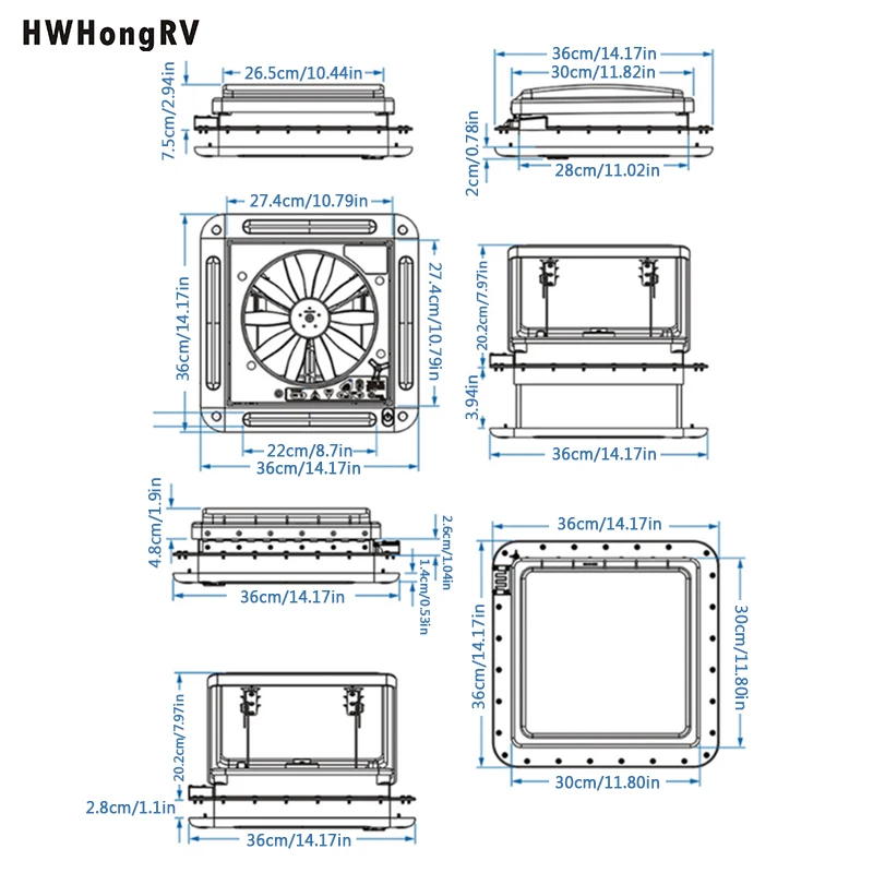 HWHONGRV 36x36CM/14" x 14" RV Camper Roof Ventilation Fan, 10 Blades 12V Manual Lift, Reversible, Manual Lift, with Smoke Cover
