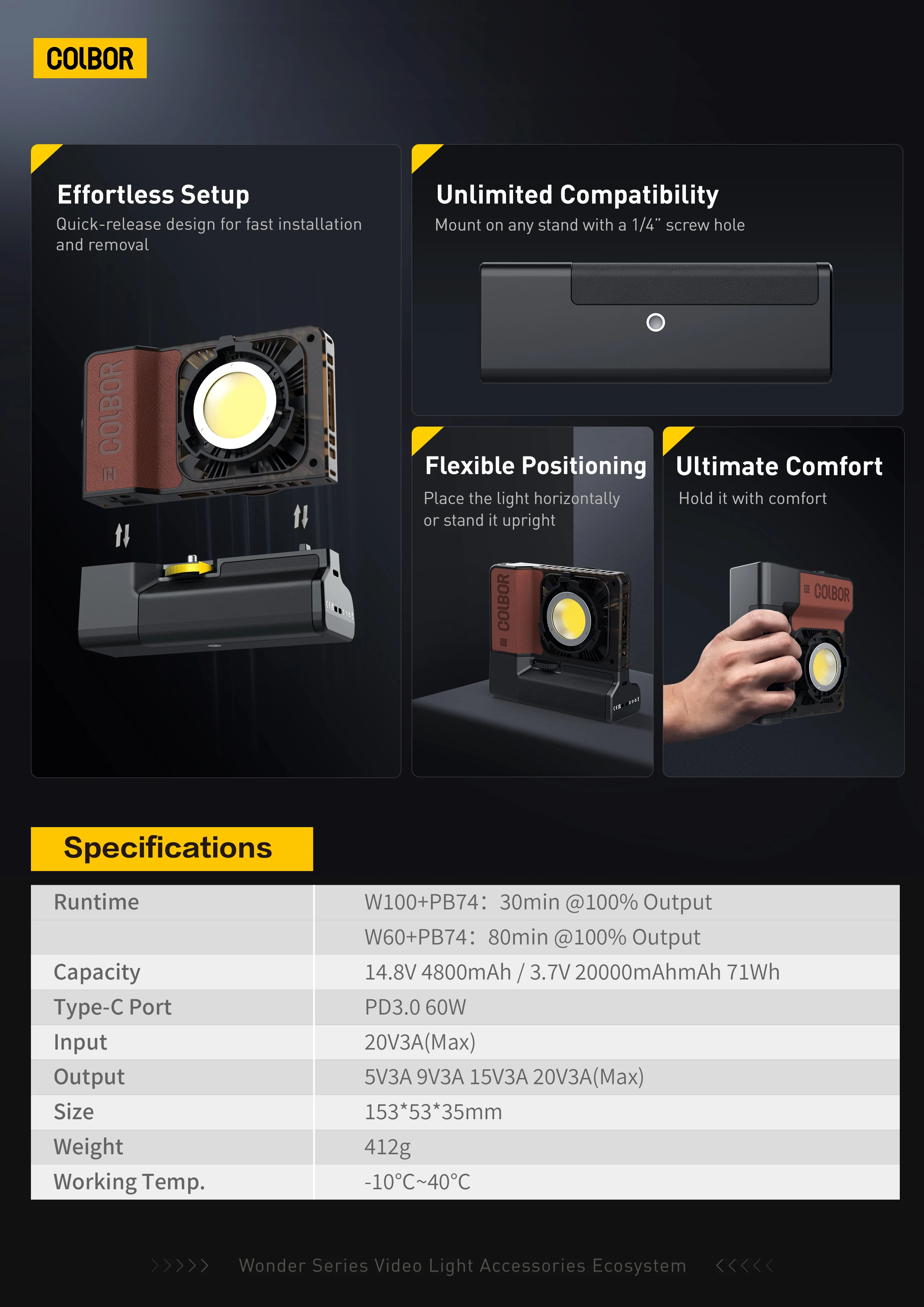 COLBOR W100R Kit 100W 2700-6500K RGBWW Led Video Light with Battery Built-in NFC for Camera Studio Photography Fill Lamp