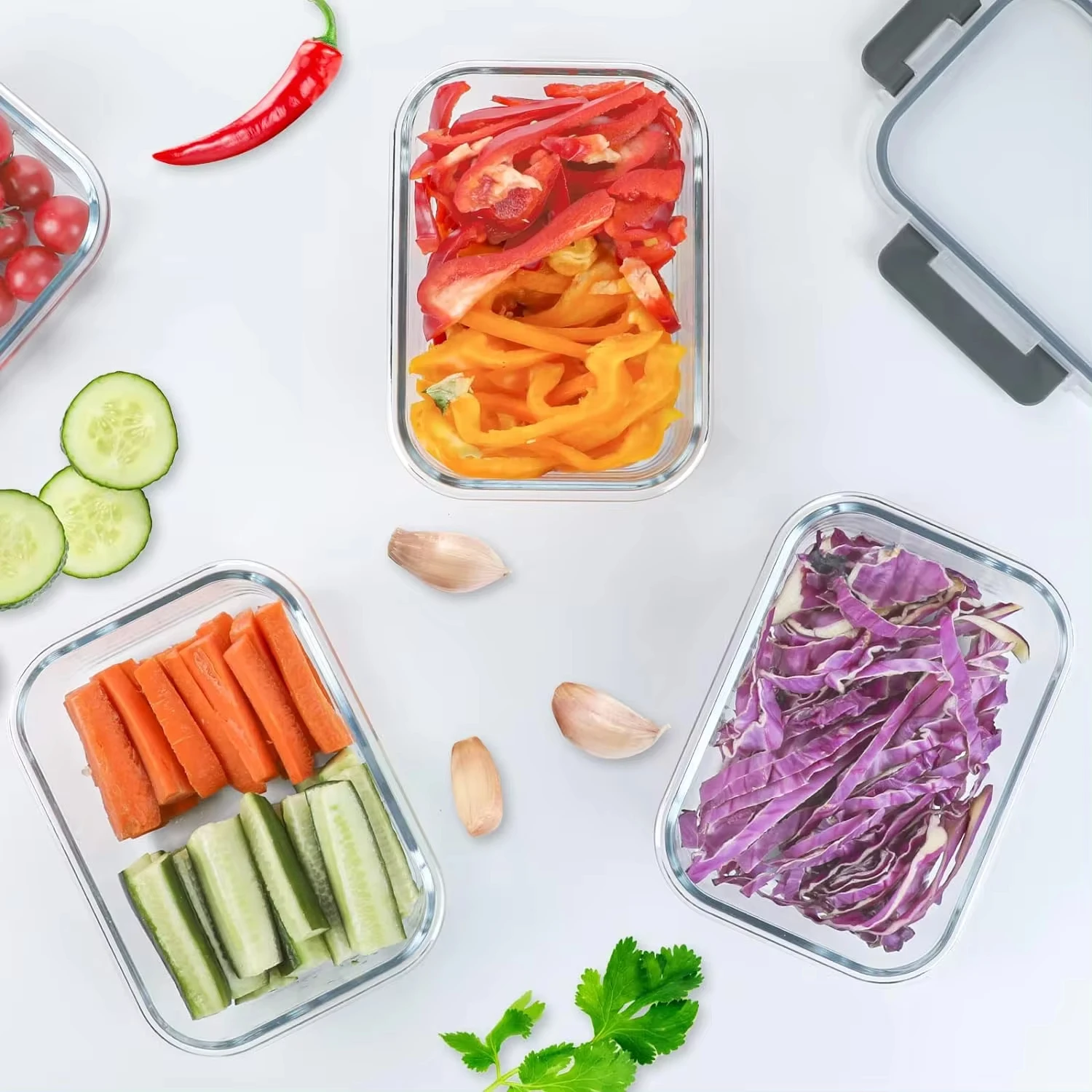 4-Piece Rectangular Borosilicate Lunch Box, Microwave Safe, 200-370-640-1000 Ml, Set of 4 Glass Containers