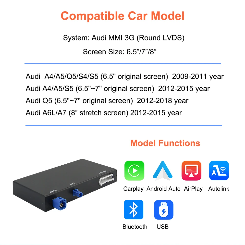 Bonroad Wireless Carplay Android Auto Retrofit Kits for Audi A4 B8 A5 Q5 2009-2015 Mirror Link Airplay Interface Decoder Box