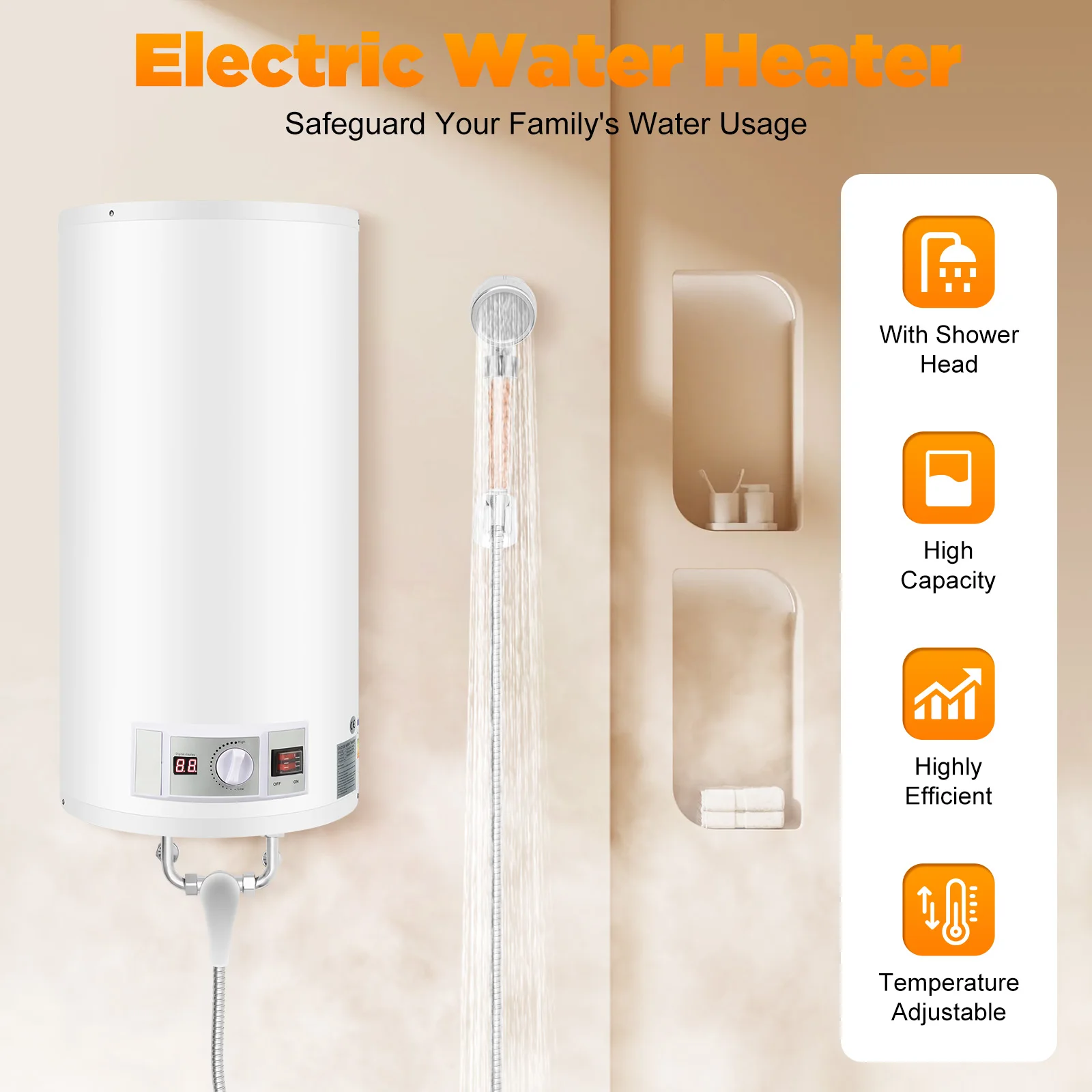 Electric Water Heater White Column 2000W Vertical Wall Mounted Shower Kit Temperature Control for Kitchen Bathroom