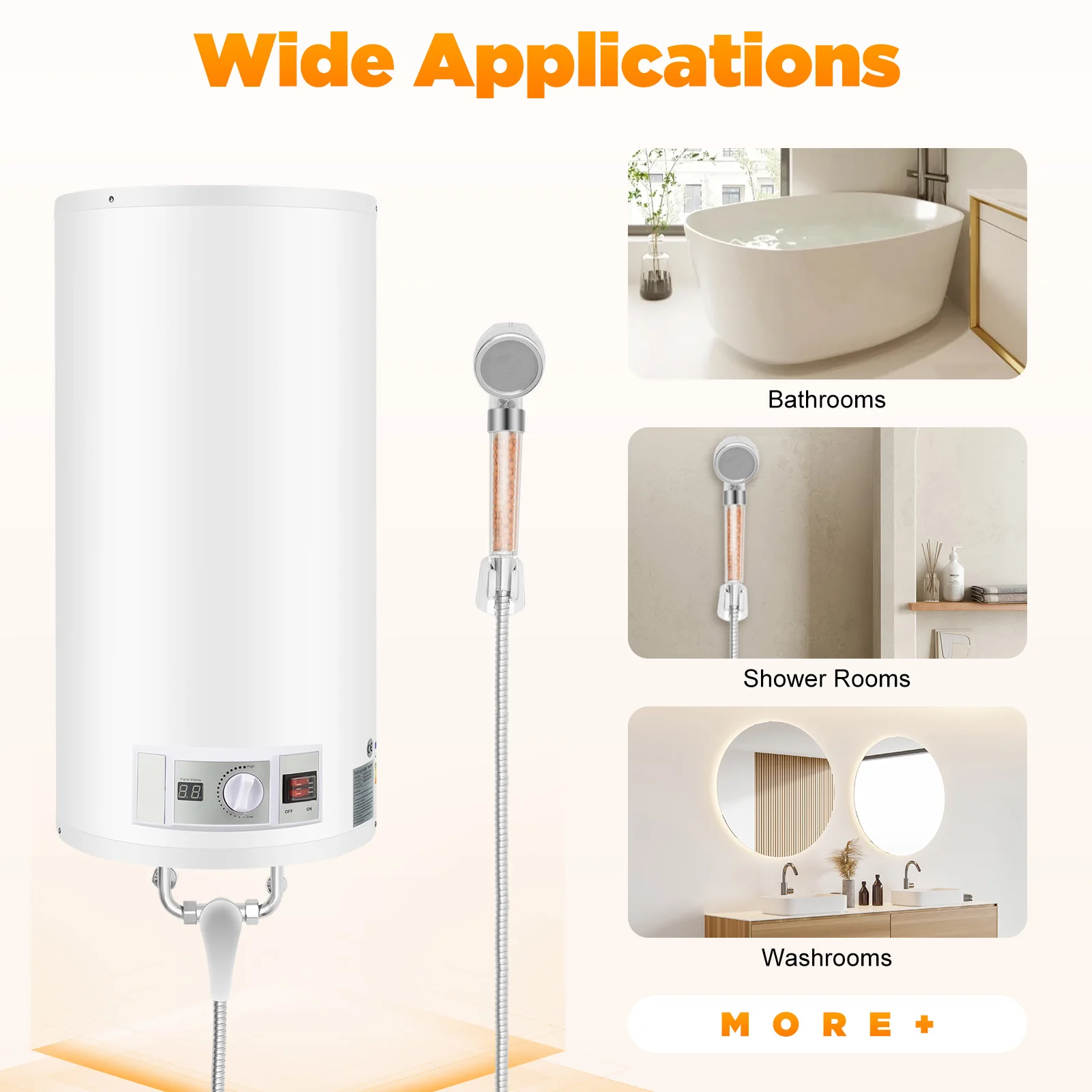 Electric Water Heater White Column 2000W Vertical Wall Mounted Shower Kit Temperature Control for Kitchen Bathroom