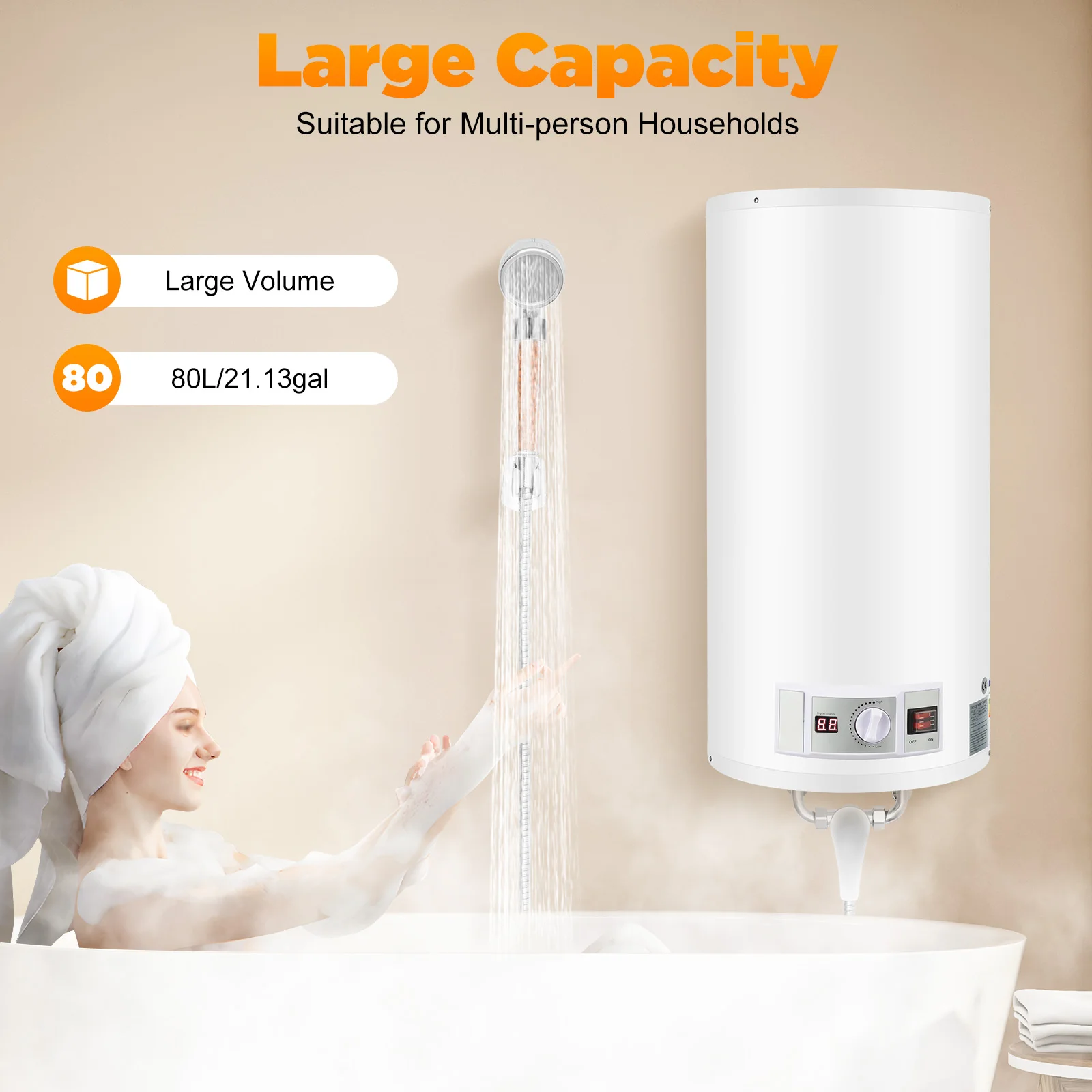 Electric Water Heater White Column 2000W Vertical Wall Mounted Shower Kit Temperature Control for Kitchen Bathroom