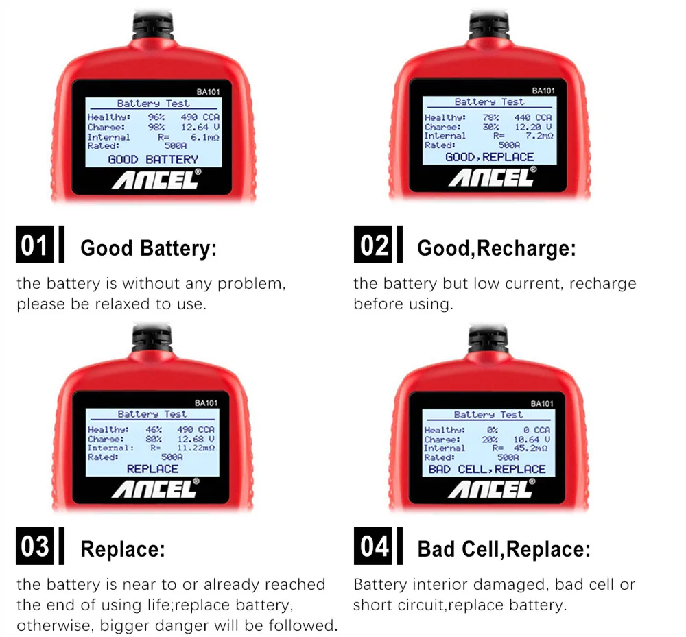 Ancel BA101 Car Battery Tester 12V 100-2000CCA 220AH Auto Load Battery Analyzer Multi languages Car Battery Charging Tester