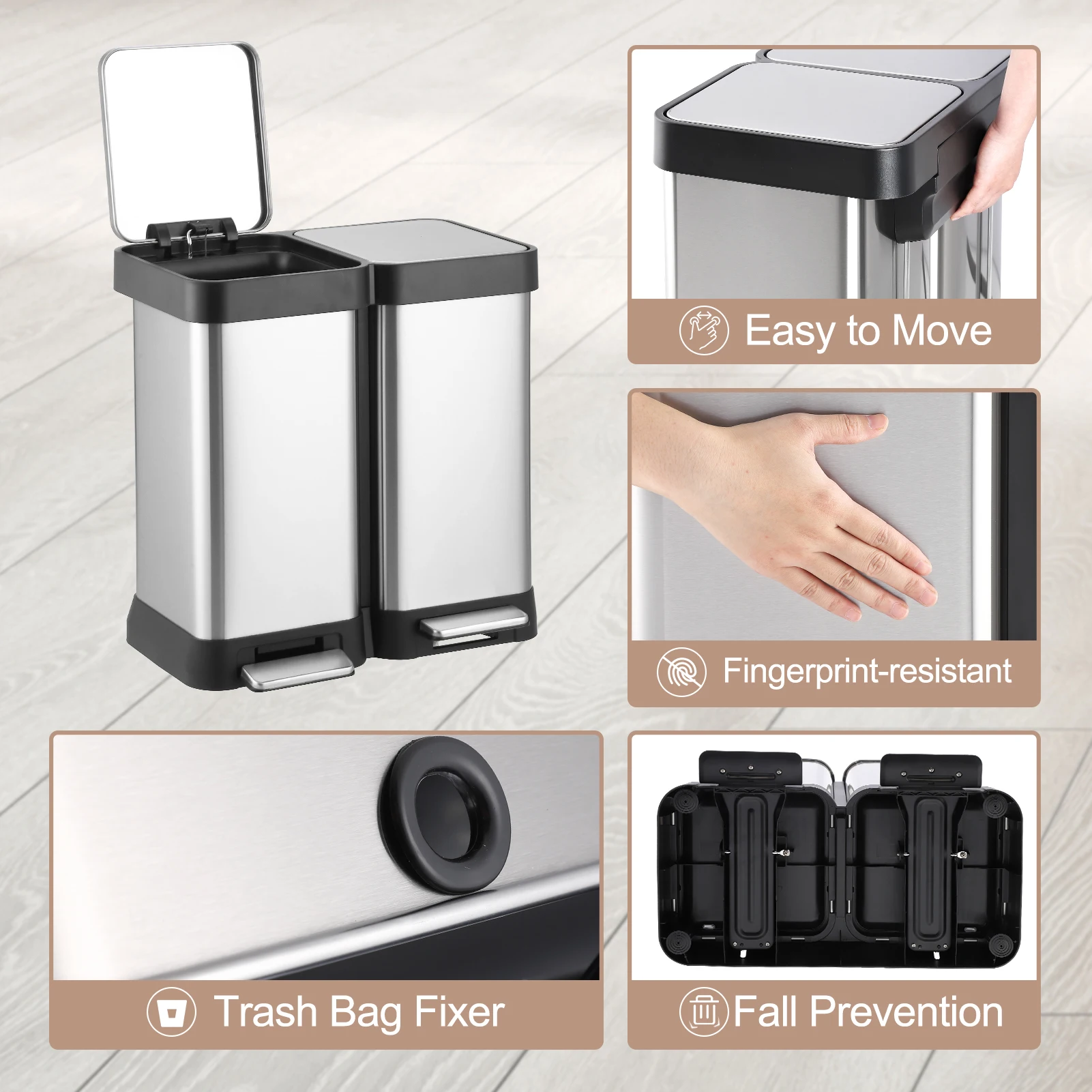 10 Gallon Dual Trash and Recycling Bin, Fingerprint Proof Stainless Steel Kitchen Garbage Can with Double Lid, Pedal Rubbish Bin