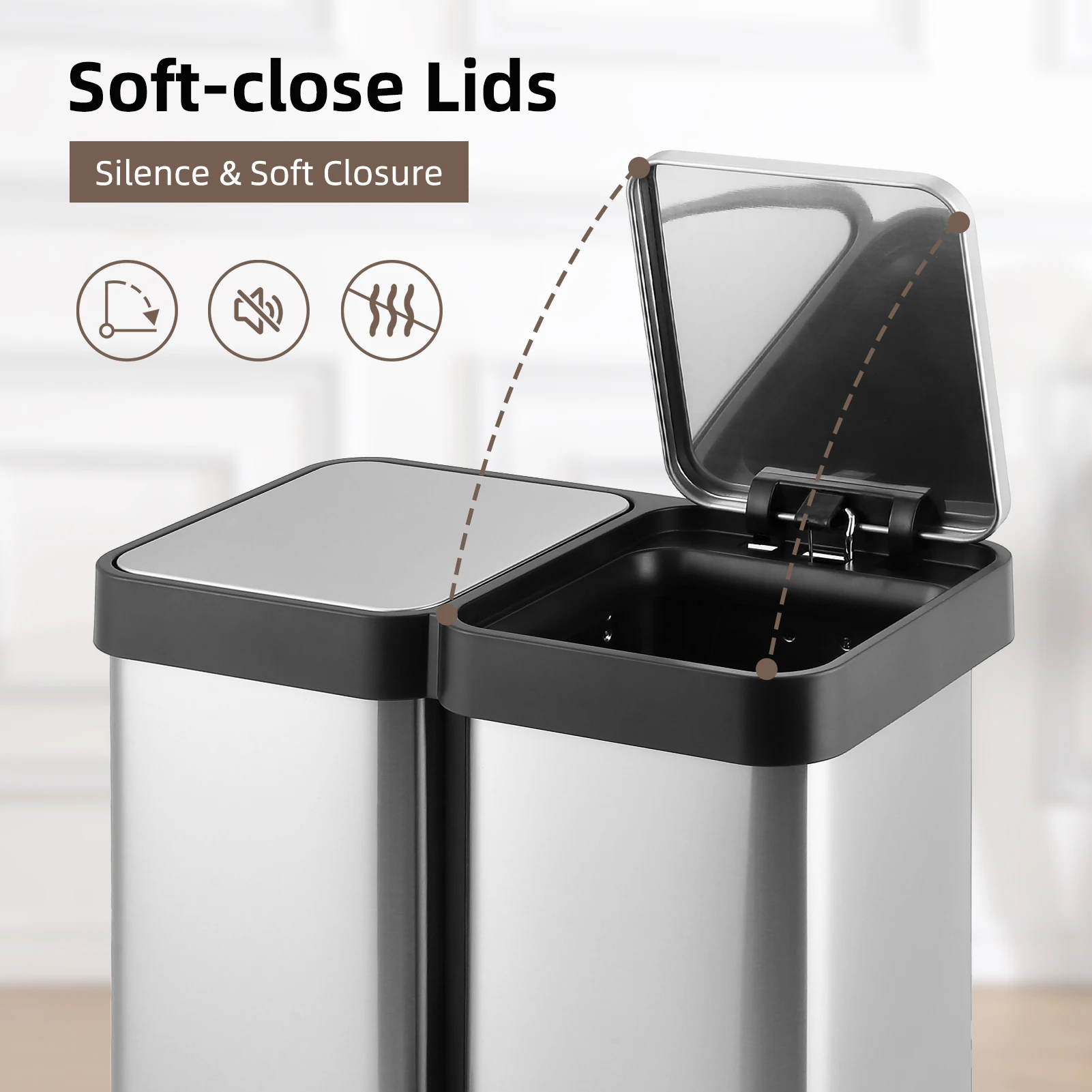 10 Gallon Dual Trash and Recycling Bin, Fingerprint Proof Stainless Steel Kitchen Garbage Can with Double Lid, Pedal Rubbish Bin