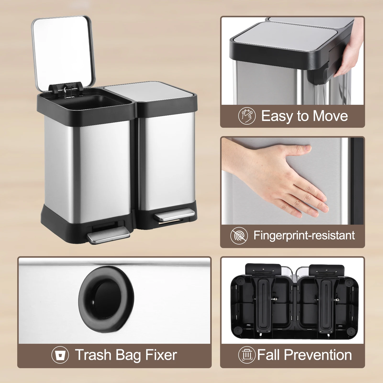 10 Gallon Dual Trash and Recycling Bin, Fingerprint Proof Stainless Steel Kitchen Garbage Can with Double Lid, Pedal Rubbish Bin