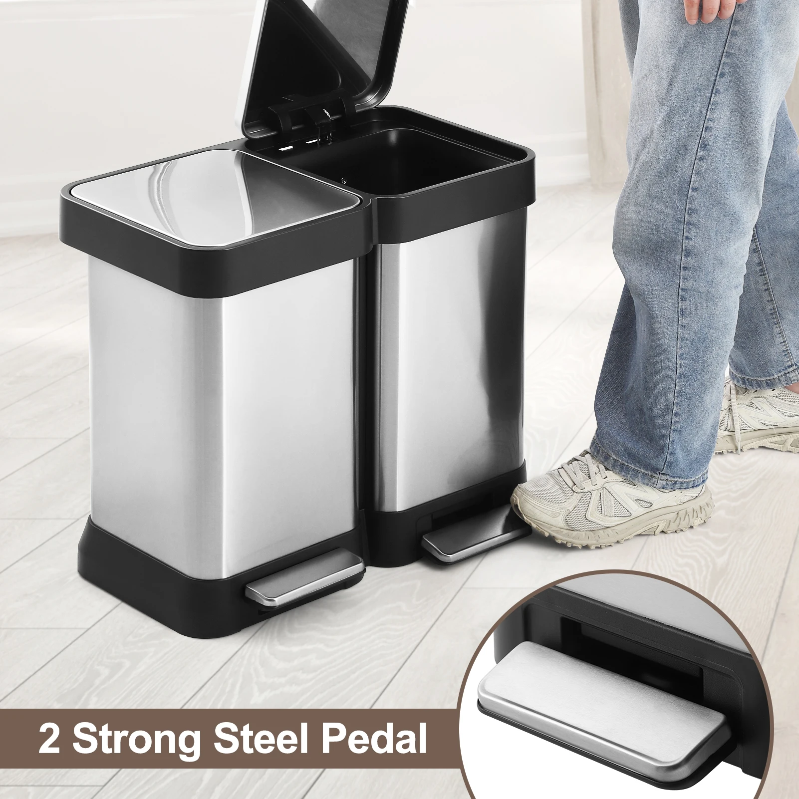 10 Gallon Dual Trash and Recycling Bin, Fingerprint Proof Stainless Steel Kitchen Garbage Can with Double Lid, Pedal Rubbish Bin